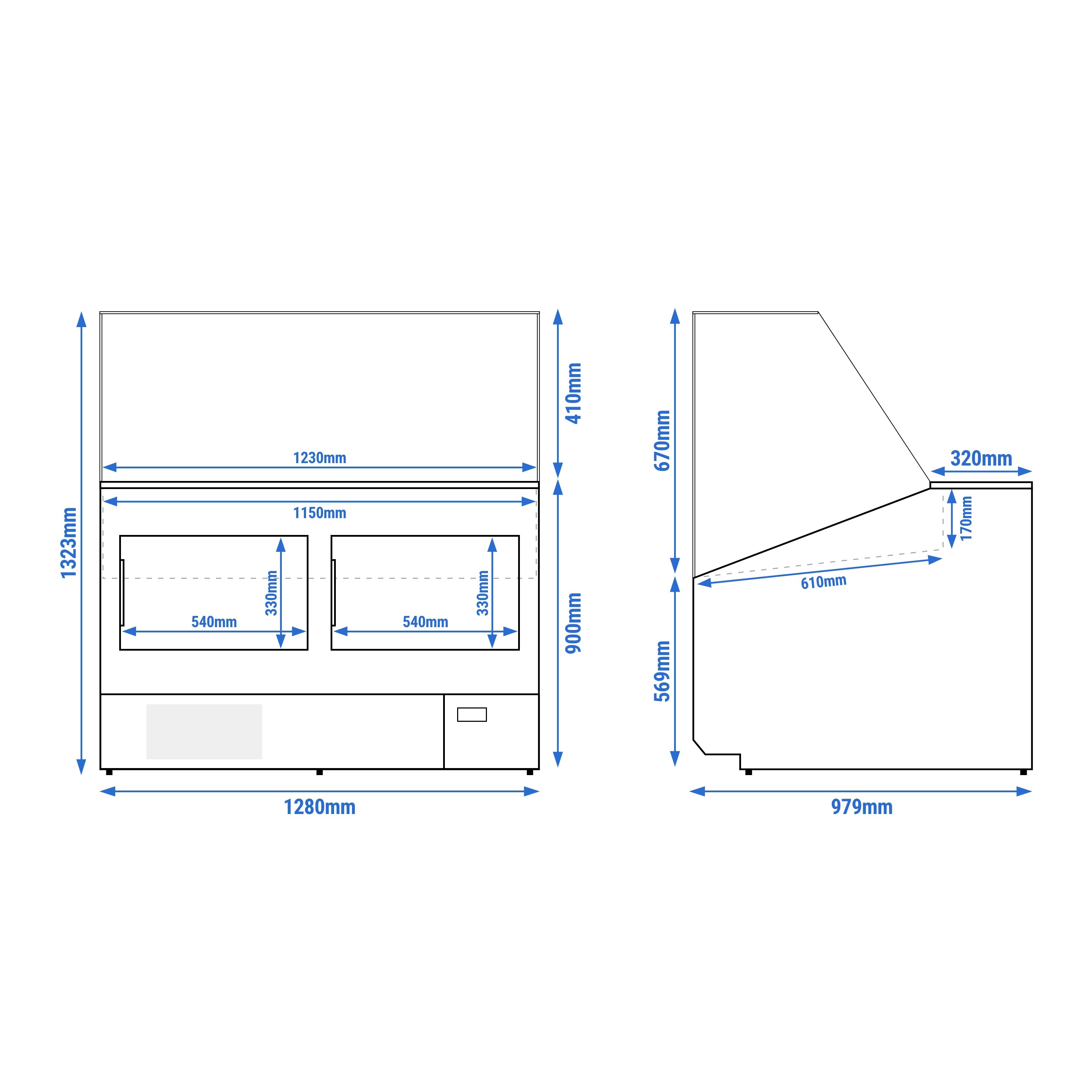 Comptoir vitrine réfrigérée - 1256x979mm - +2/+6°C - 262L - Façade bleue RAL5015