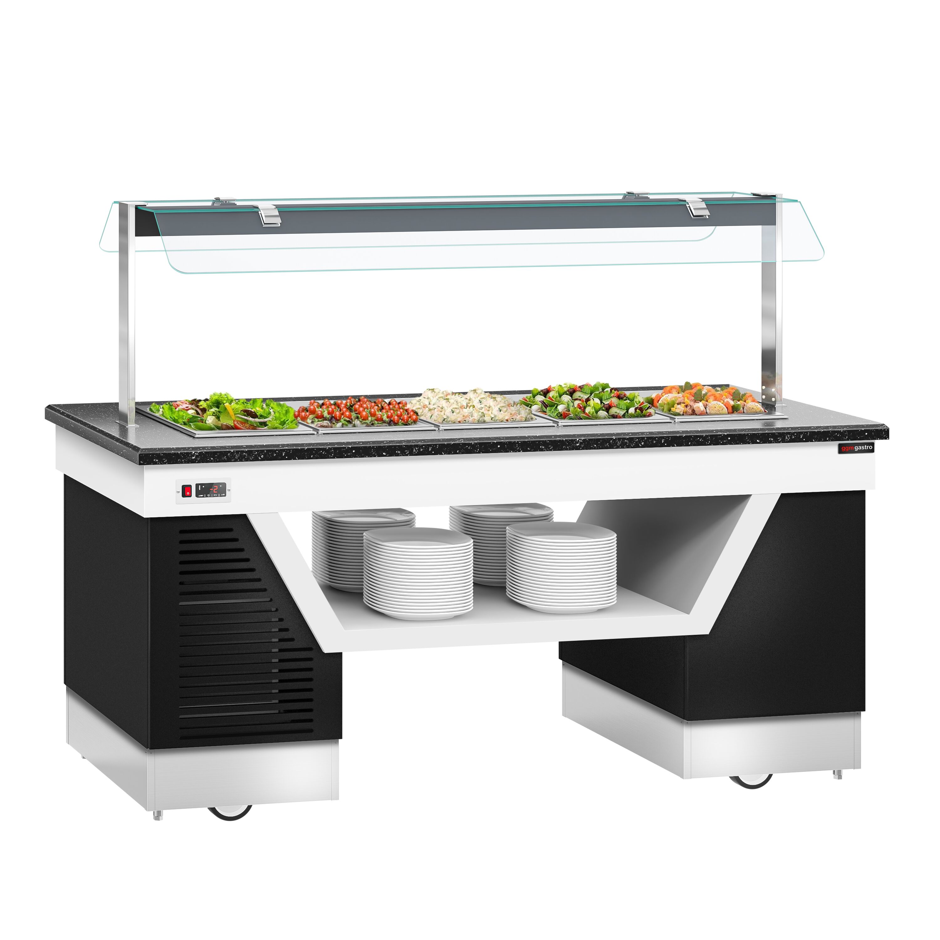 Refrigerated Buffet Display BELFAST - 2000mm - with Refrigerated Well + Flat Glass Sneeze Guard - on Castors - for 5x GN 1/1 - Black
