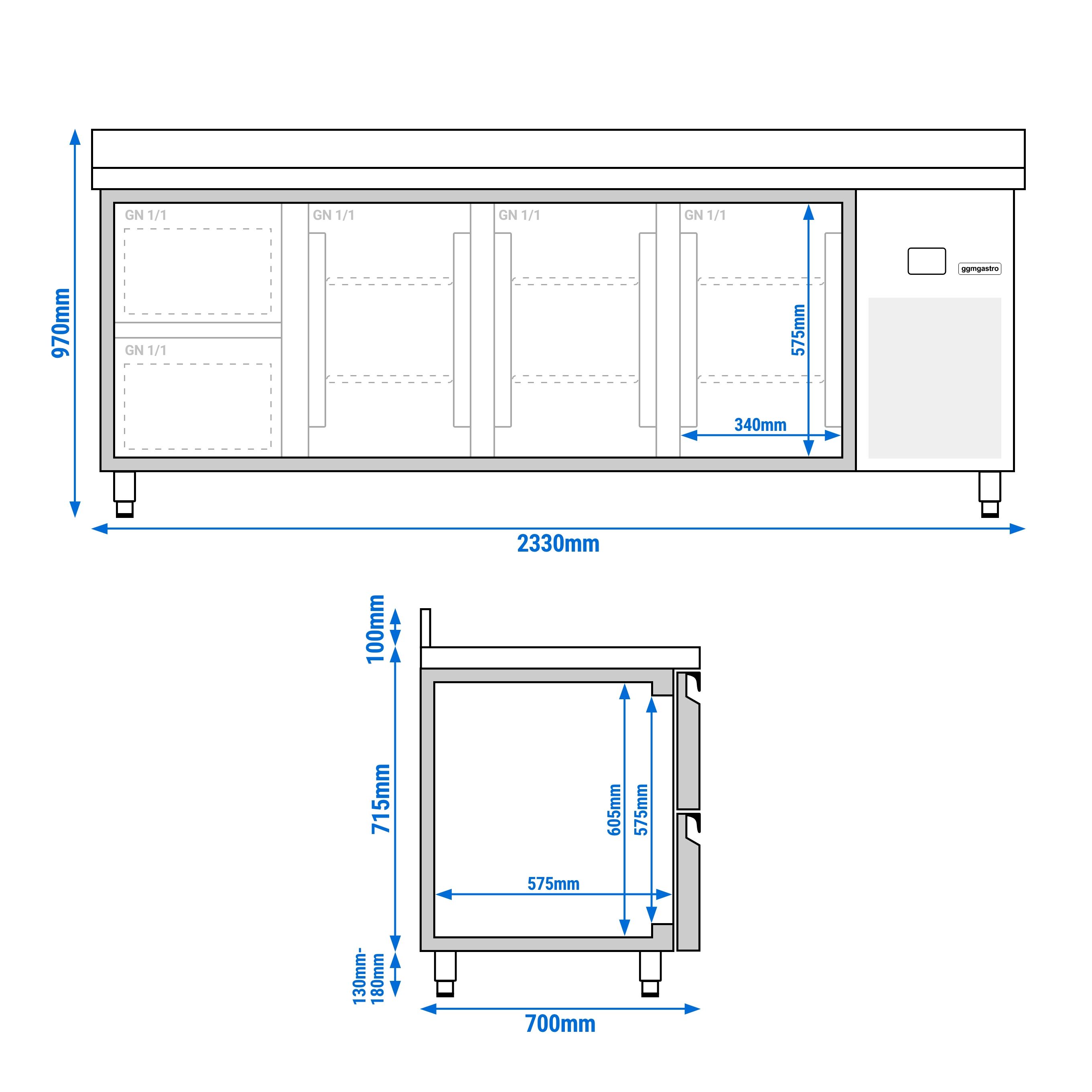 Table réfrigérée PREMIUM - 2330 x 700 mm - avec 3 portes - 2 tiroirs - avec dosseret