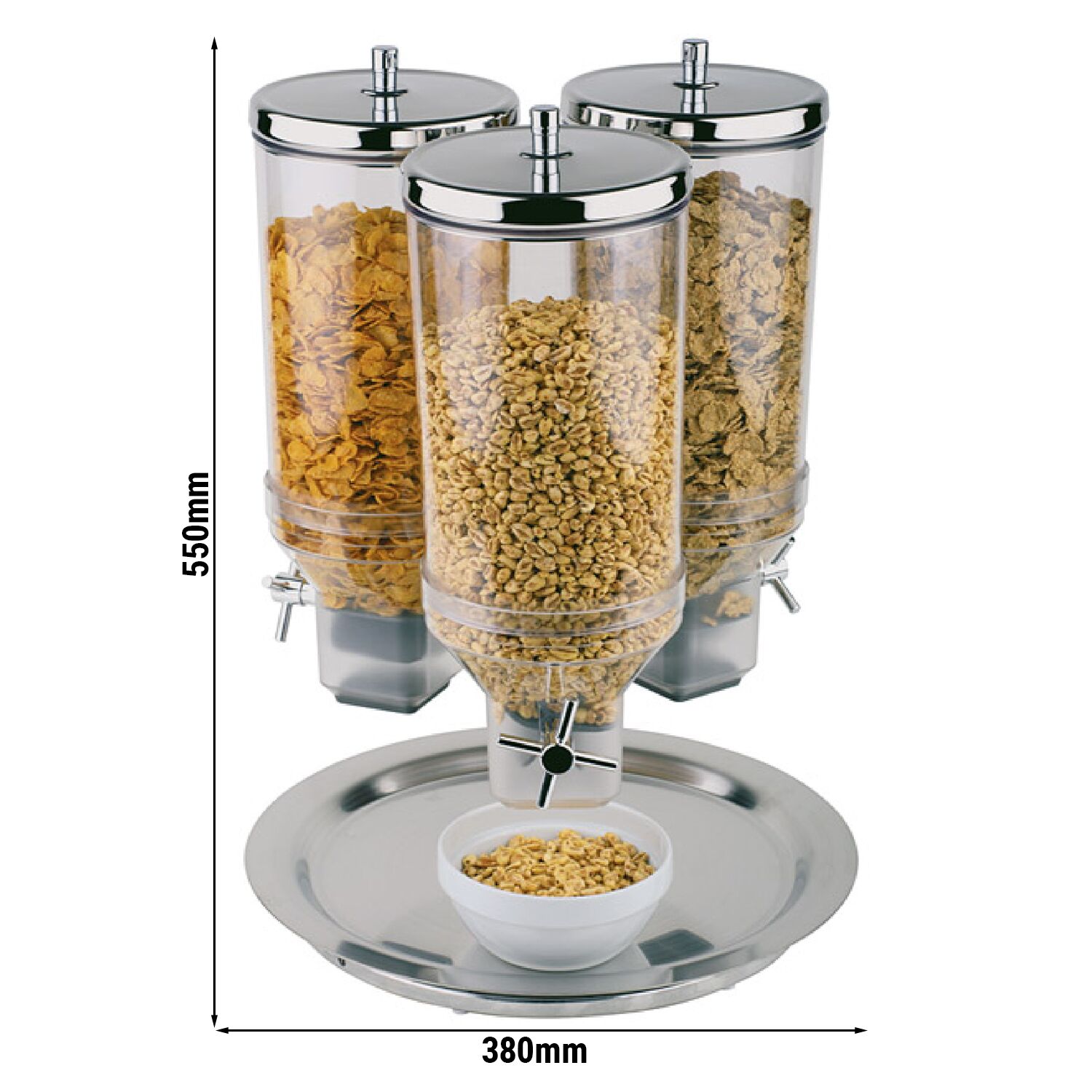 Cereal Dispenser - ROTATION - triple - rotating - Rotary Dispense - 3 Plastic Containers - 3x 4.5L - Stainless Steel Stand