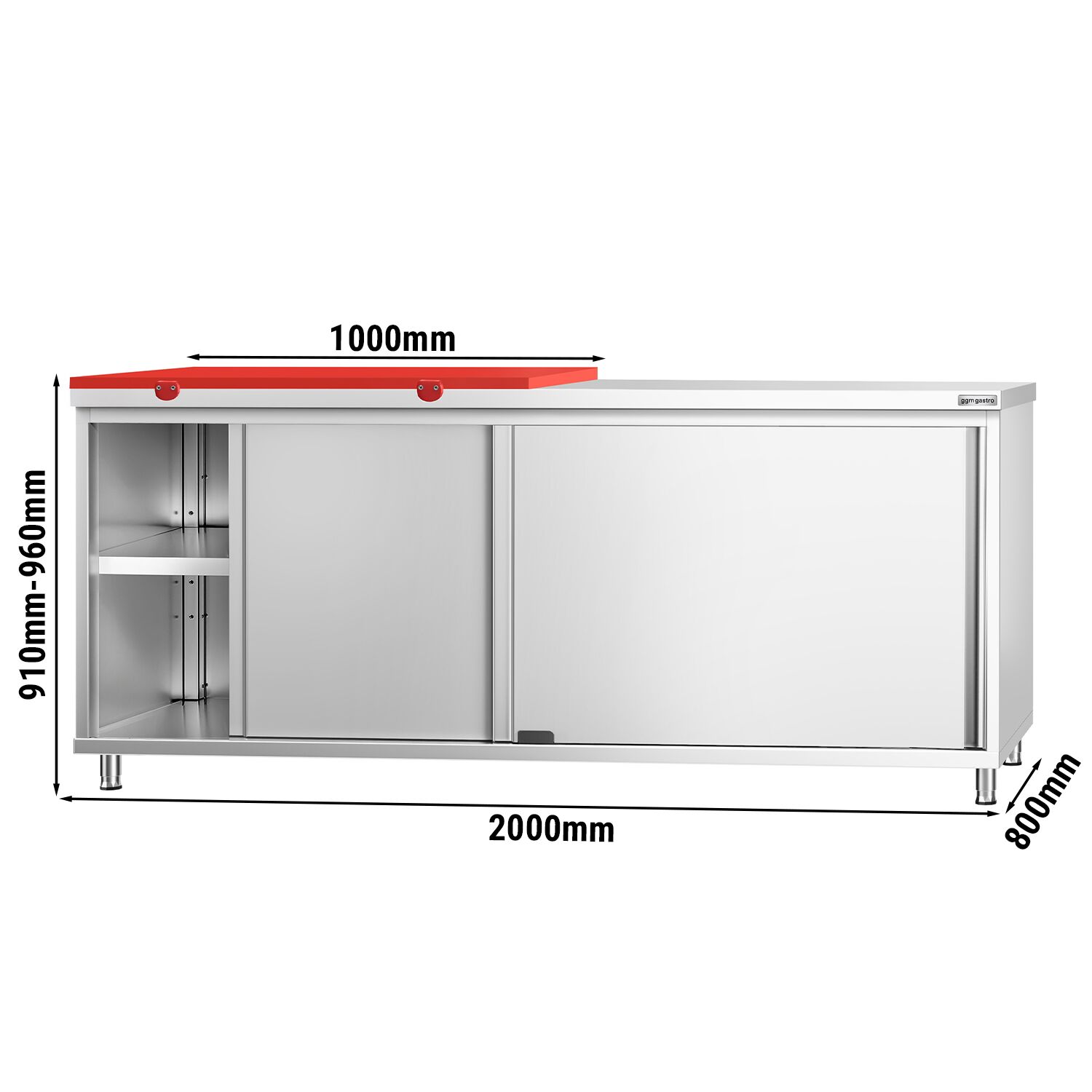 Armoire de travail en  inox PREMIUM - 2000x800 mm - avec porte coulissante, planche à découper rouge incluse     