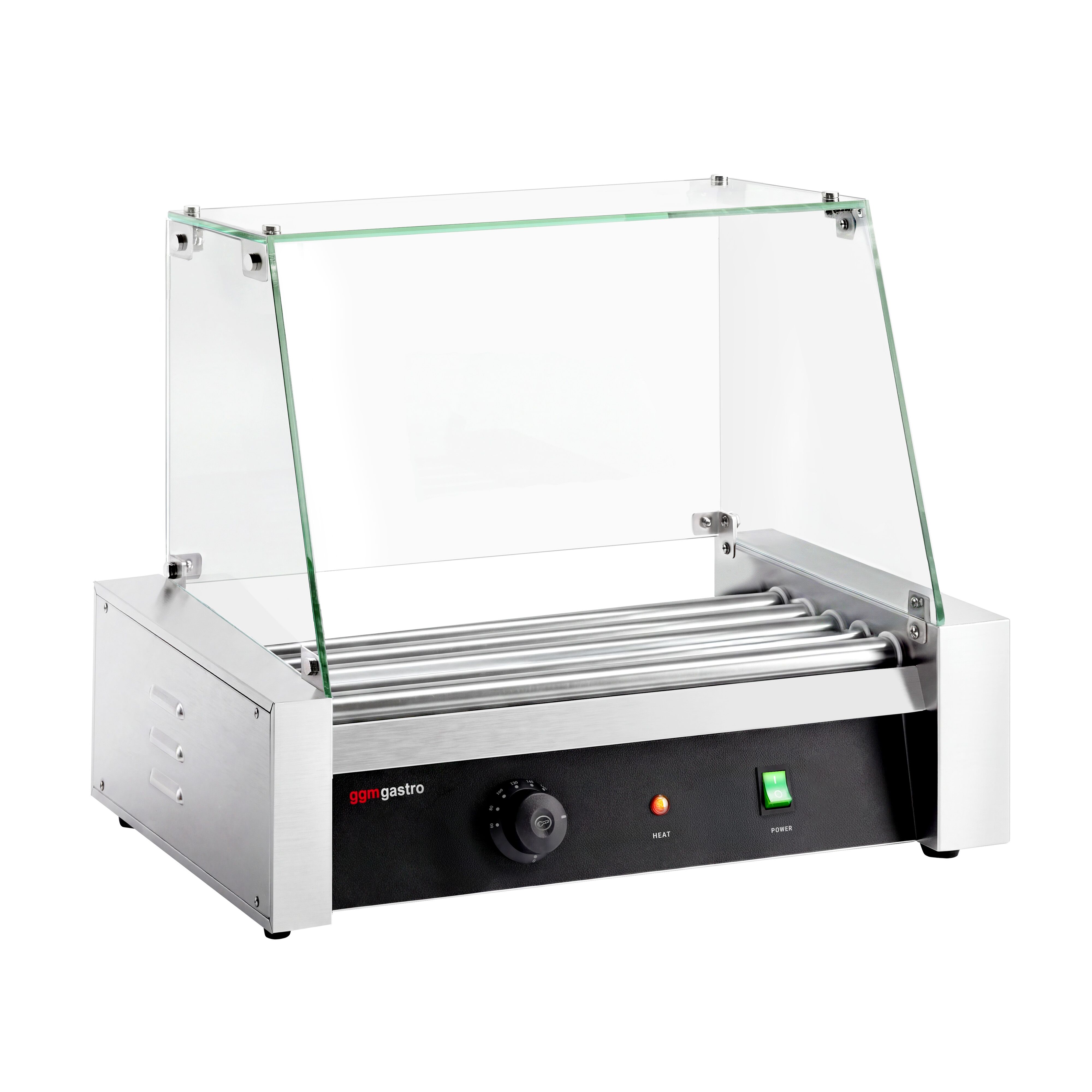Commercial Hot Dog Roller Grill - 5 Rollers - with Glass Cover - Single Heating Zone