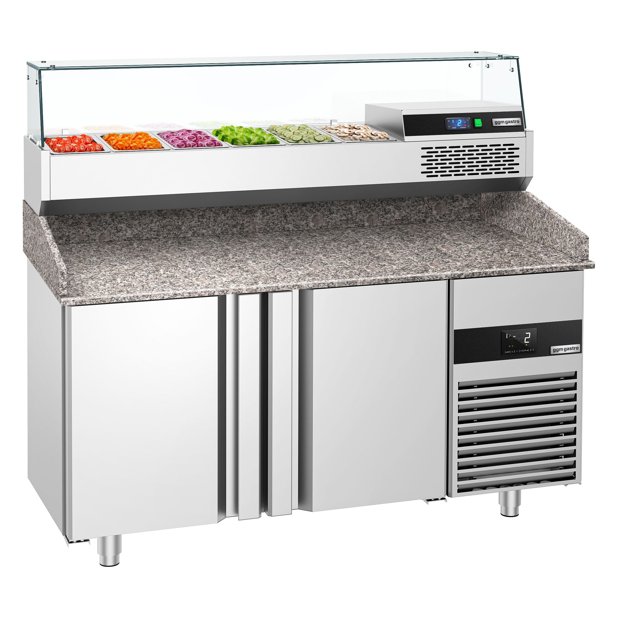 Table réfrigérée à pizza PREMIUM - 1550x800 mm - avec 2 portes - incl. vitrine réfrigérée - 6x GN 1/3