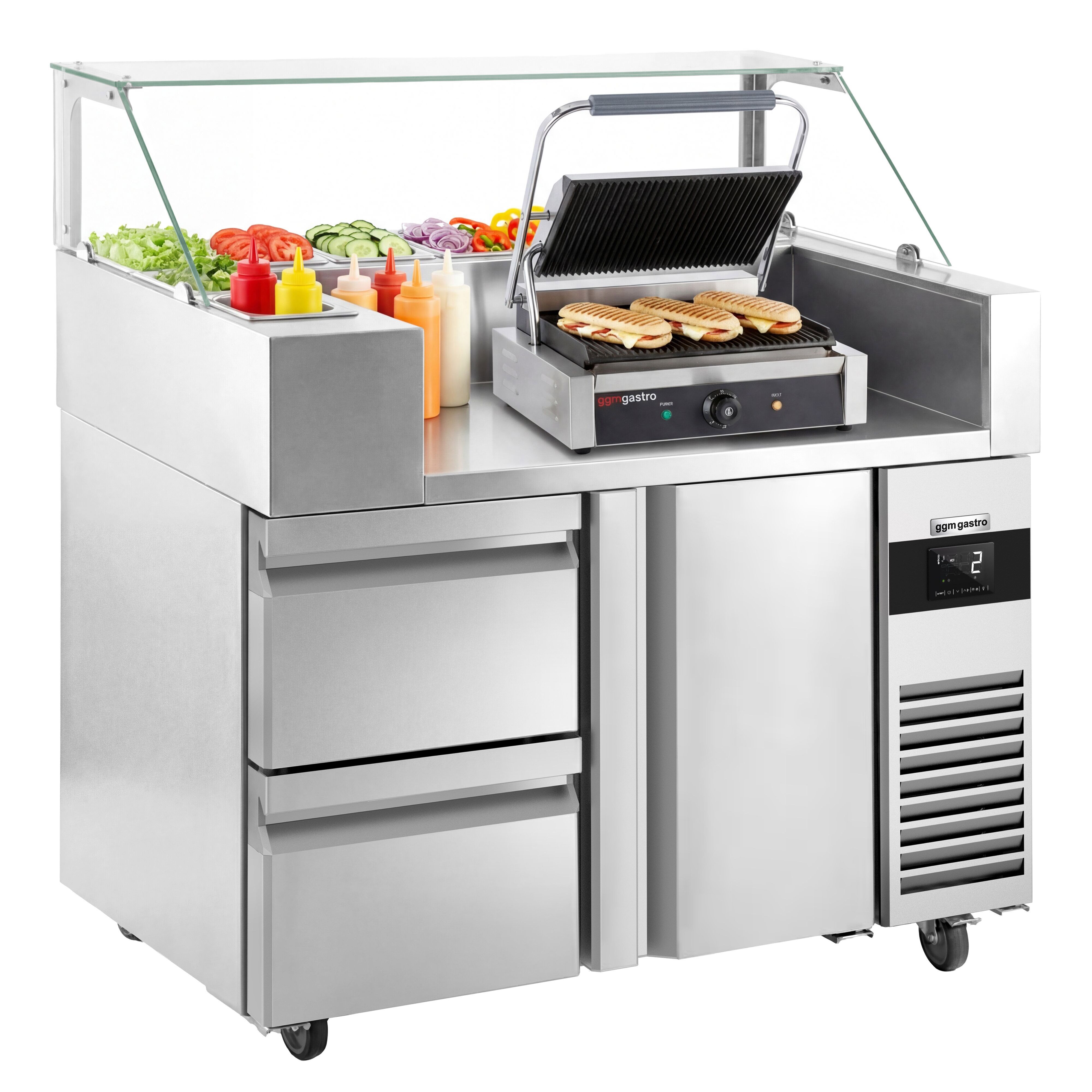 Table de préparation – 1210 mm – 1 porte & 2 tiroirs – pour 9 bacs GN 1/6 – incl. grill de contact
