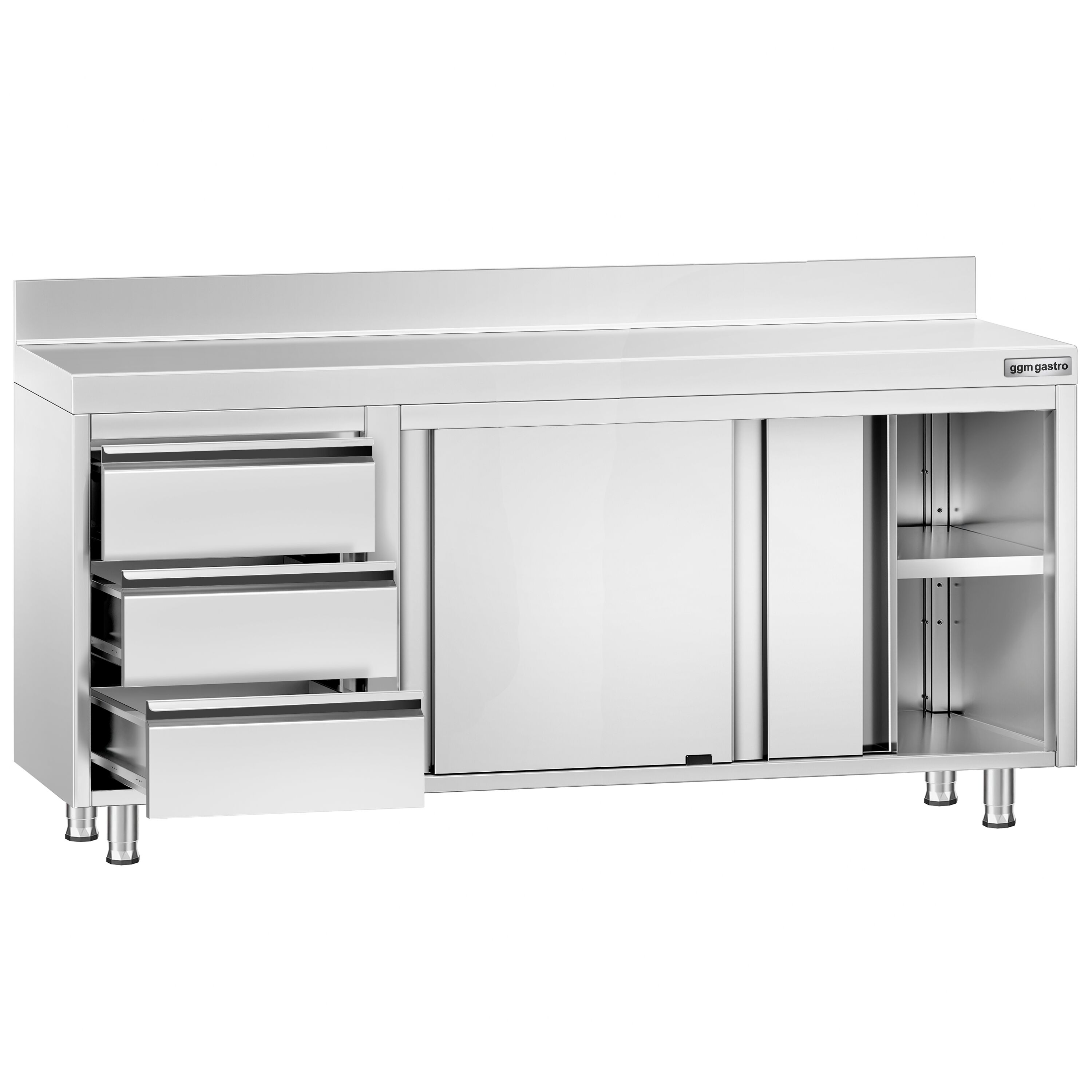 Table armoire en acier inoxydable PREMIUM - 1800x600mm - avec 3 tiroirs à gauche et portes coulissantes - avec dosseret