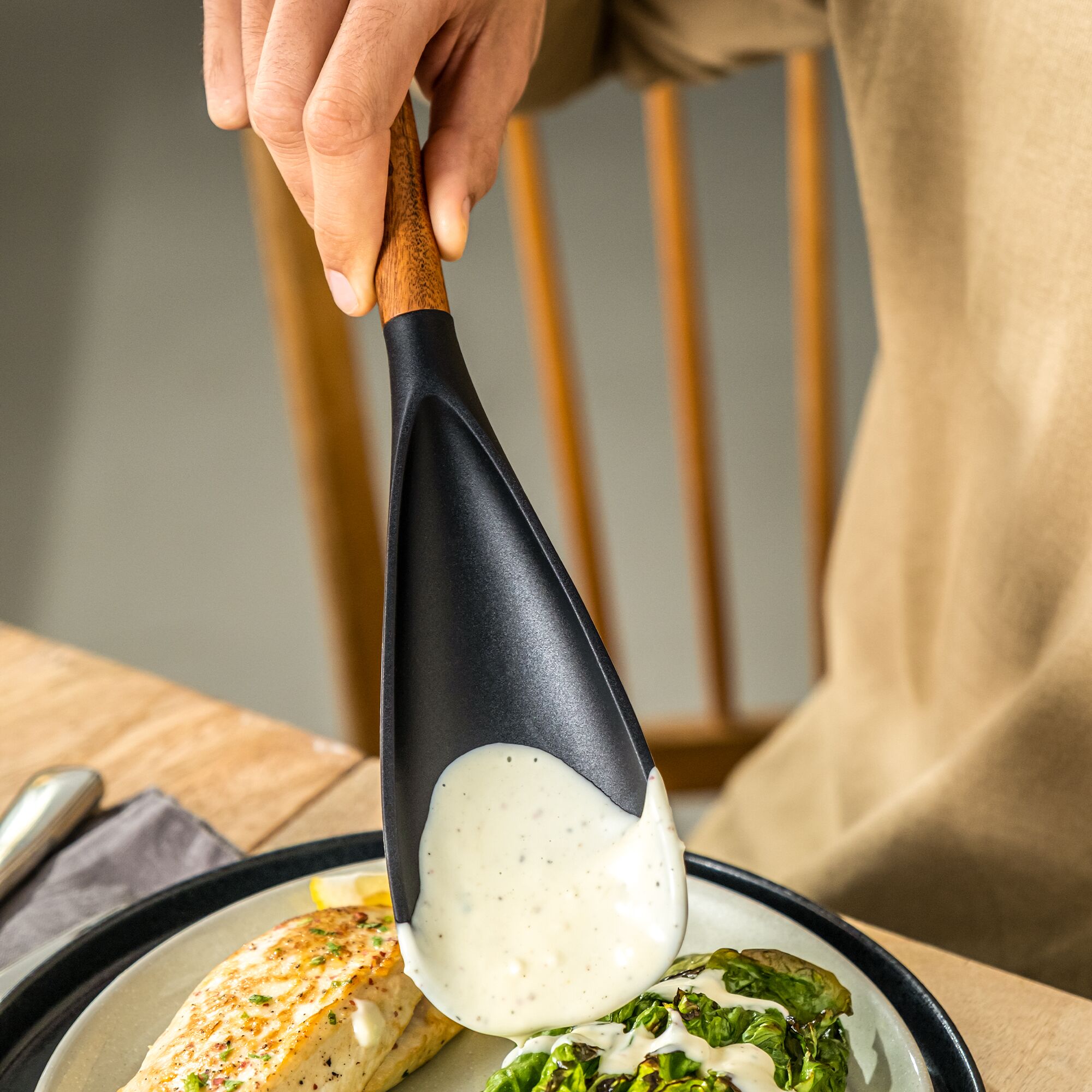 STAUB | Silicone Cooking & Serving Spoon – 30 cm - Black - Acacia Handle - Non-stick Safe
