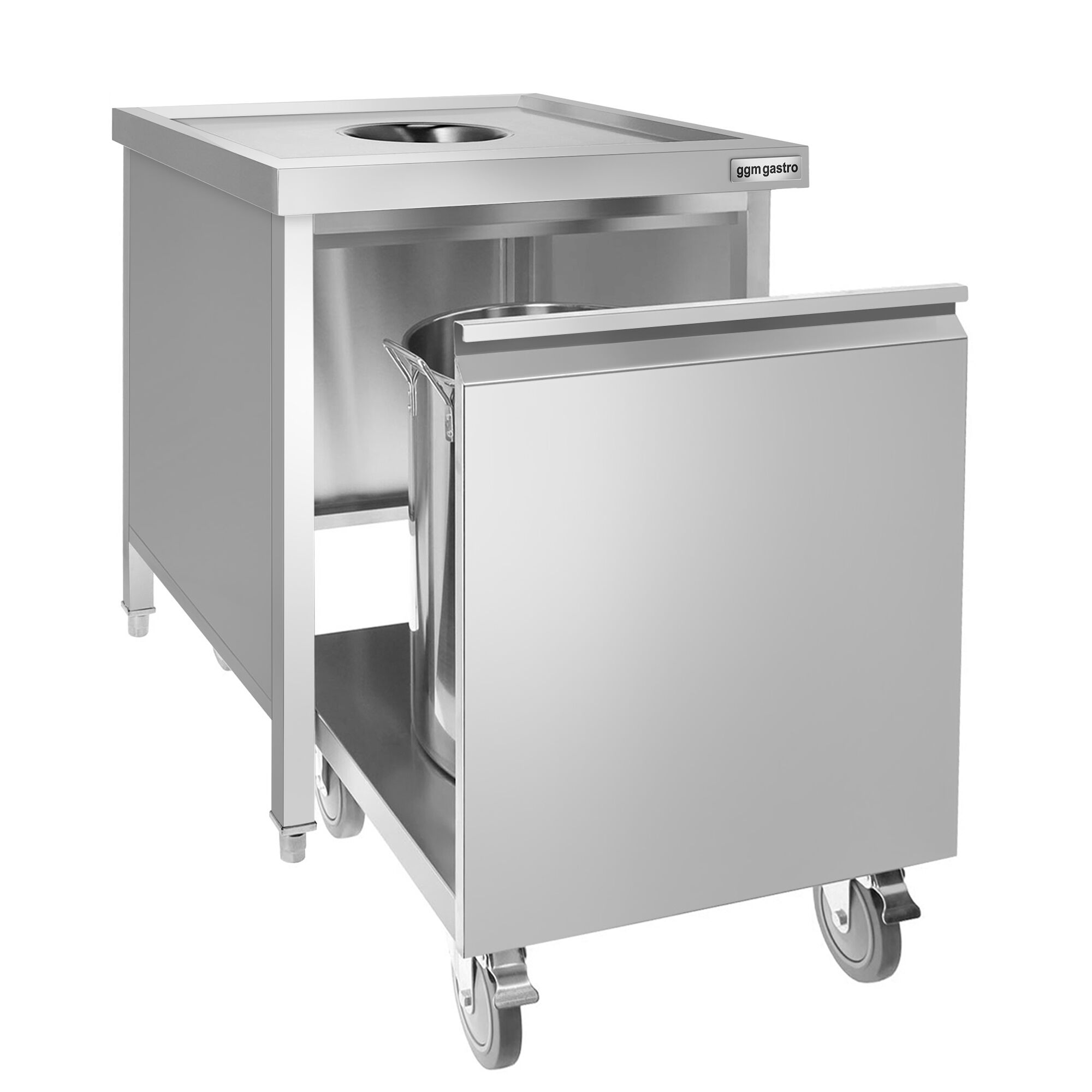 Poubelle - Carénée, à roulettes - 50L - 700x870x700mm - avec bac intérieur amovible, ouverture d’insertion, fermeture souple - tiroir frontal - Acier inoxydable