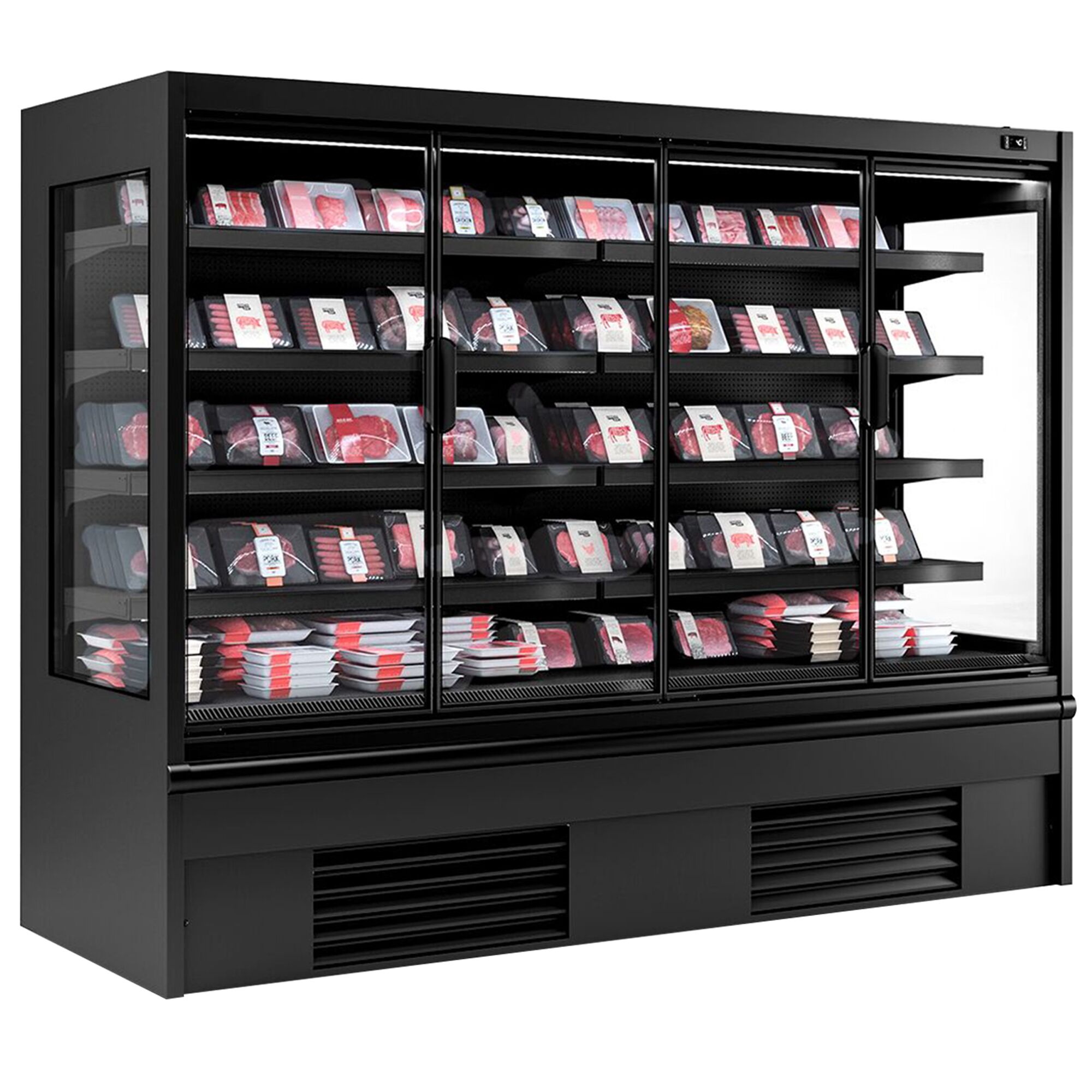 Wandkühlregal - 2580mm - 910 Liter - mit 4 doppelt verglasten Flügeltüren & 4 Ablagen