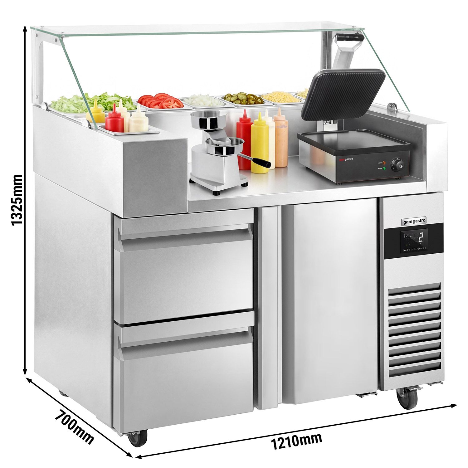 Table de préparation – 1210 mm – 1 porte & 2 tiroirs – pour 9 bacs GN 1/6 – incl. grill de contact & machine à hamburgers