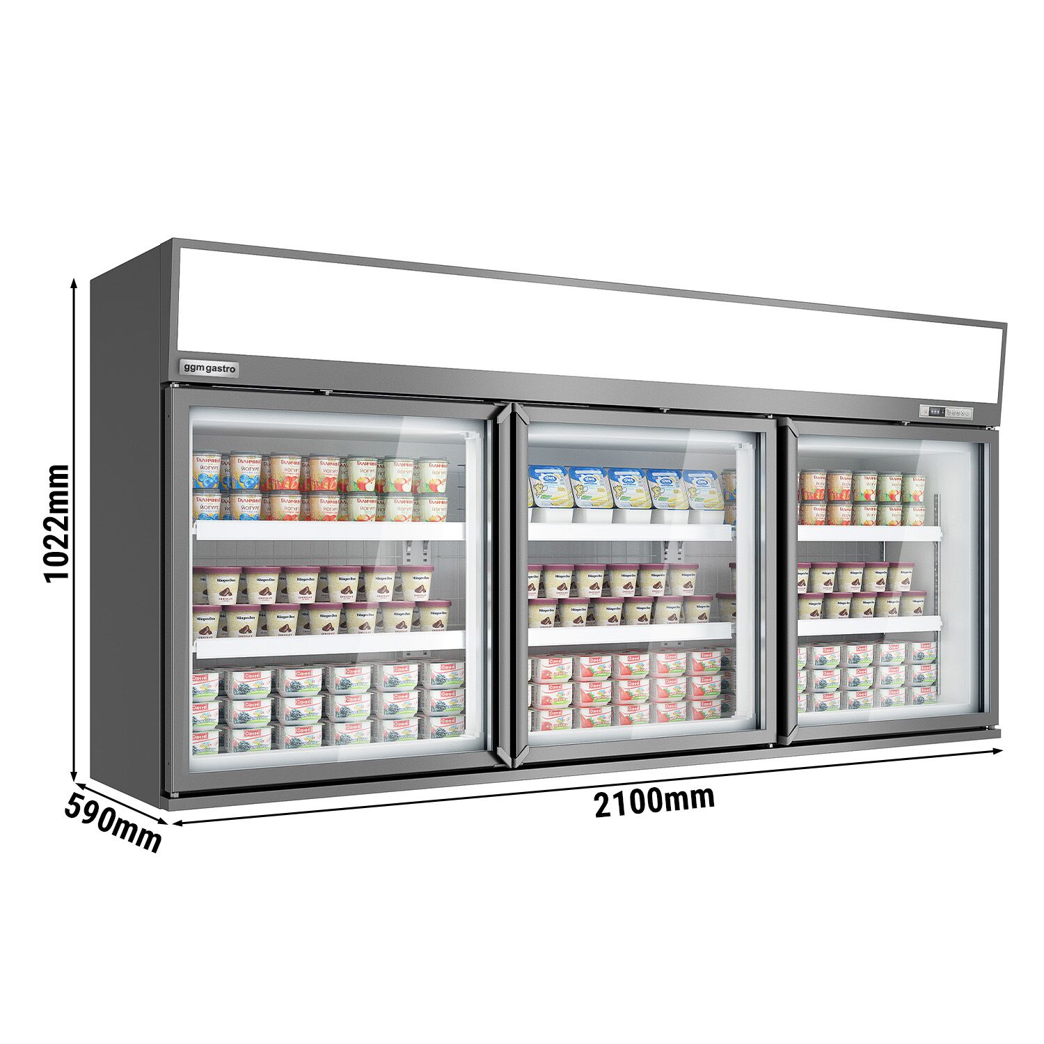 Vitrine murale de congélation pour supermarché - 2100 mm - 346 litres - avec 3 portes & 2 étagères - Gris