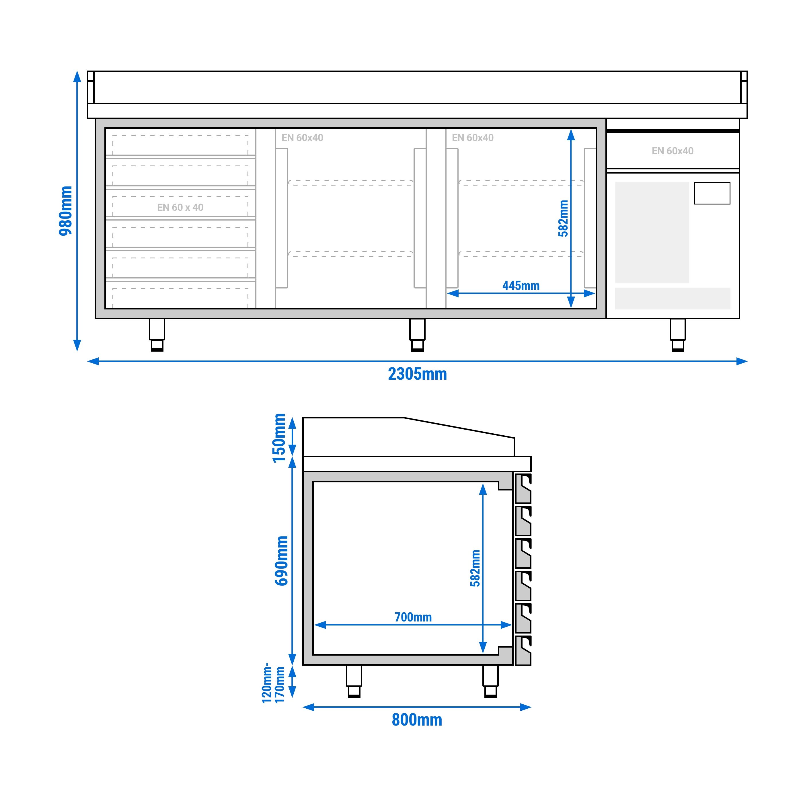 Commercial Pizza Prep Counter - Granite Top PREMIUM PLUS - 2305x800mm - with 2 doors & 7 drawers