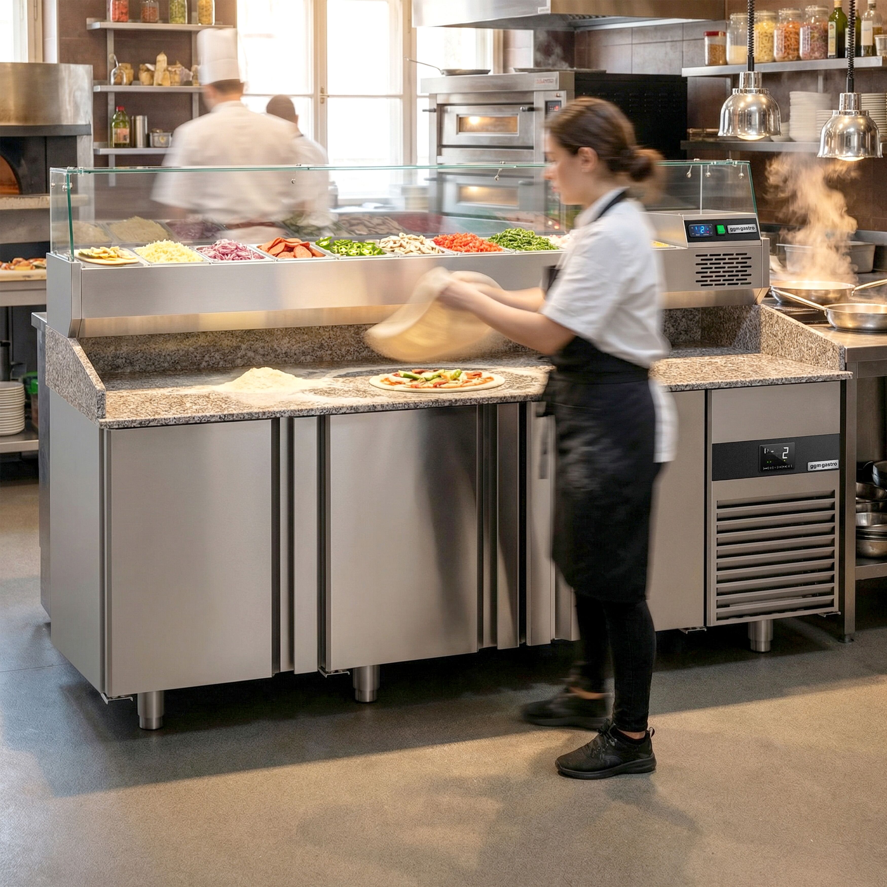 Table réfrigérée à pizza PREMIUM - 2100x800 mm - avec 3 portes - incl. vitrine réfrigérée - 10x GN 1/3