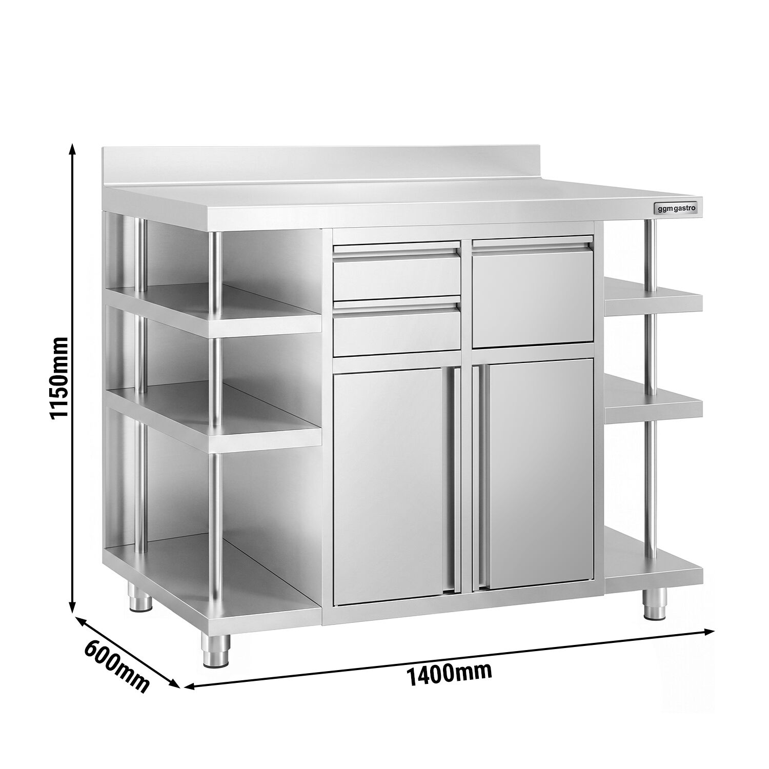 Arbetsskåp – för kaffemaskin – 1400 x 600 mm – med 2 pendeldörrar, 2 lådor, avklappningsanordning, 6 hyllor och upphöjd kant