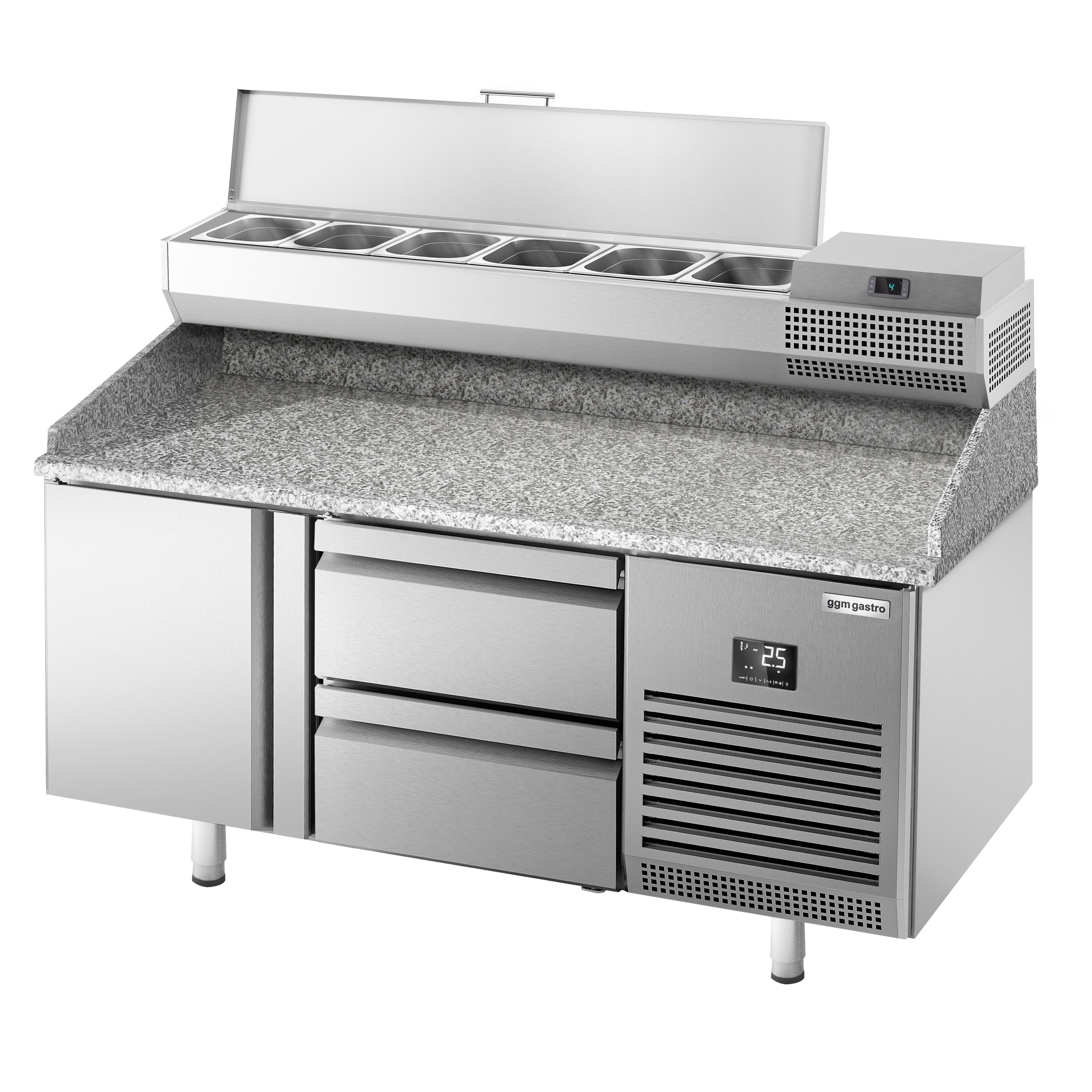 Table réfrigérée à pizza Premium PLUS - 1490x700 mm - avec 1 porte & 2 tiroirs - incl. vitrine réfrigérée - 6x GN 1/4