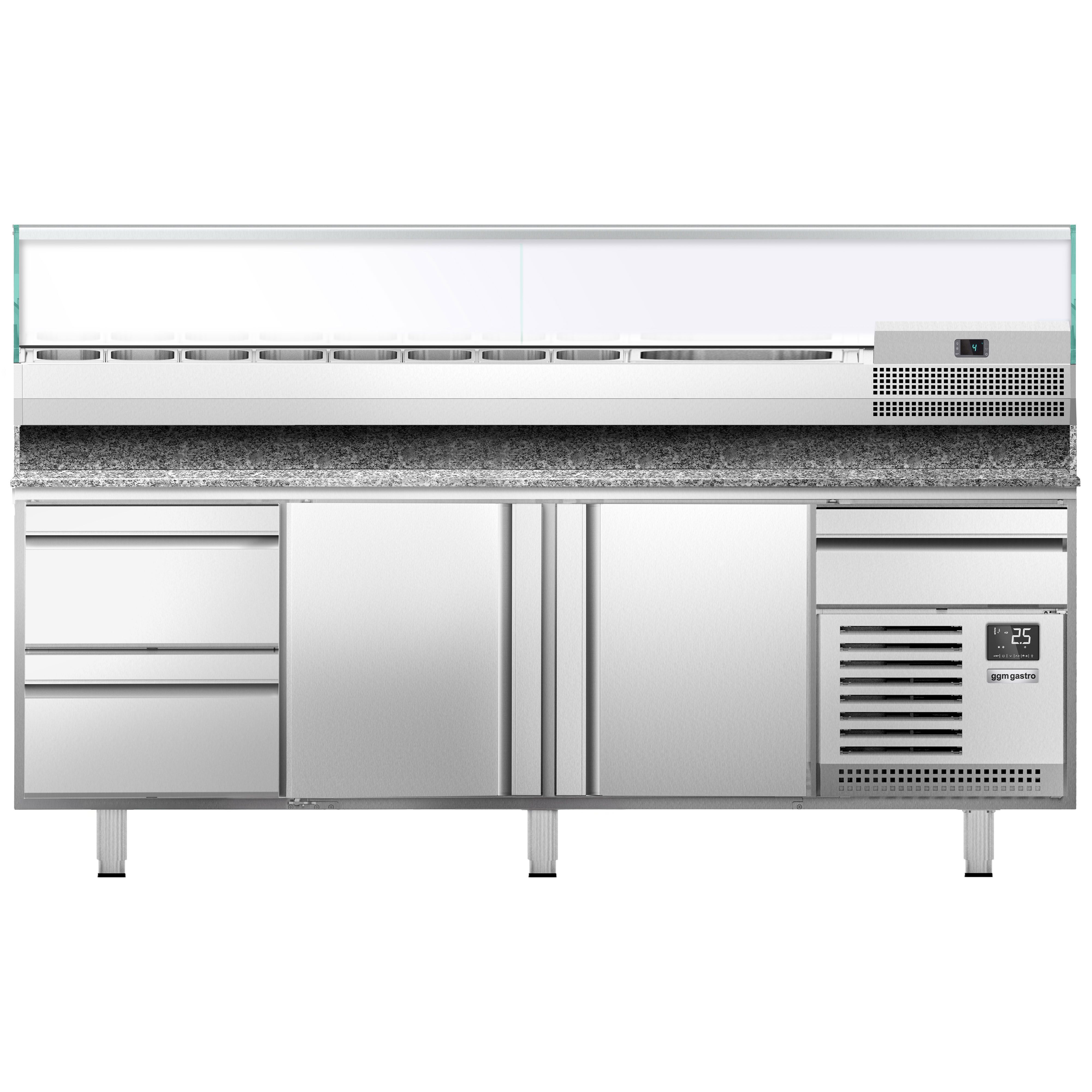 Table réfrigérée à pizza Premium PLUS - 2305 x 800 mm - avec 2 portes & 3 tiroirs - incl. vitrine réfrigérée de présentation - 10x GN 1/3