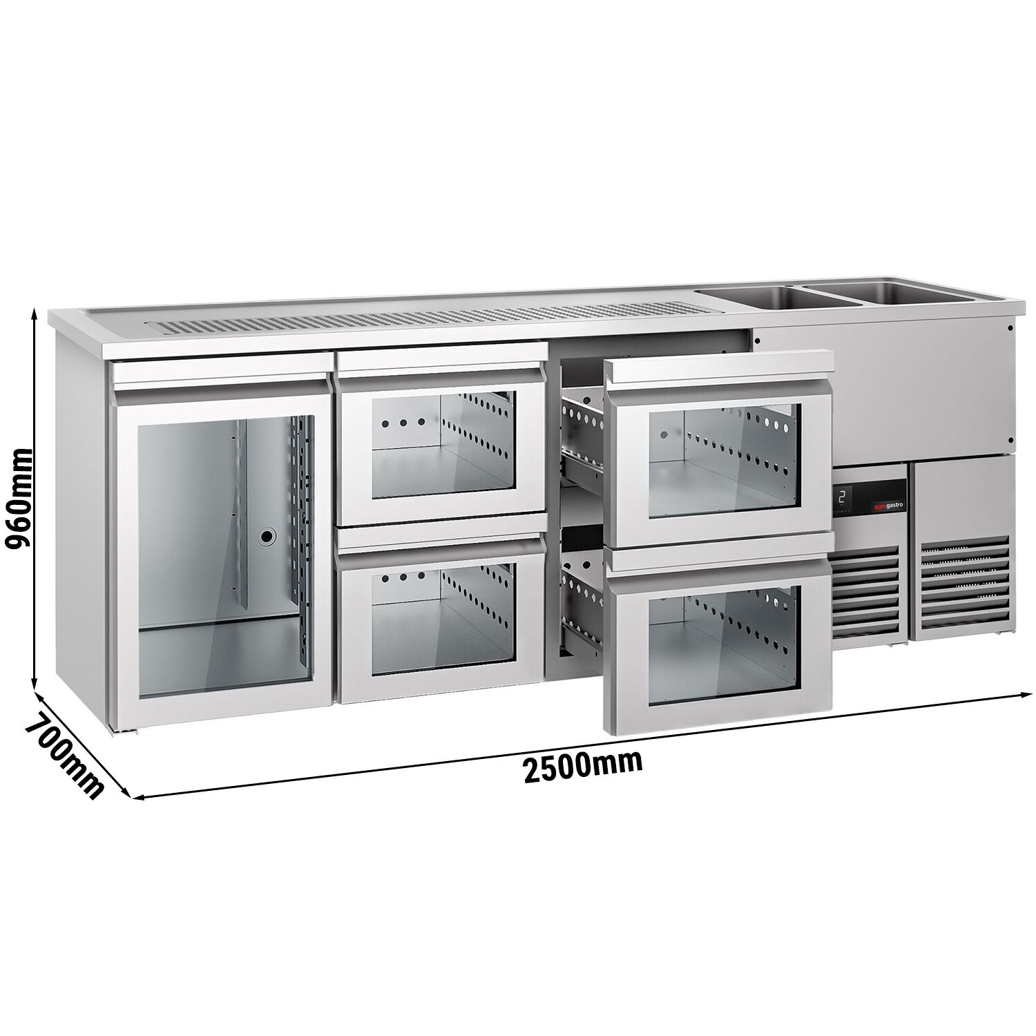 Comptoir de bar réfrigéré PREMIUM - 2500x700mm - 1 porte vitrée & 4 tiroirs en verre