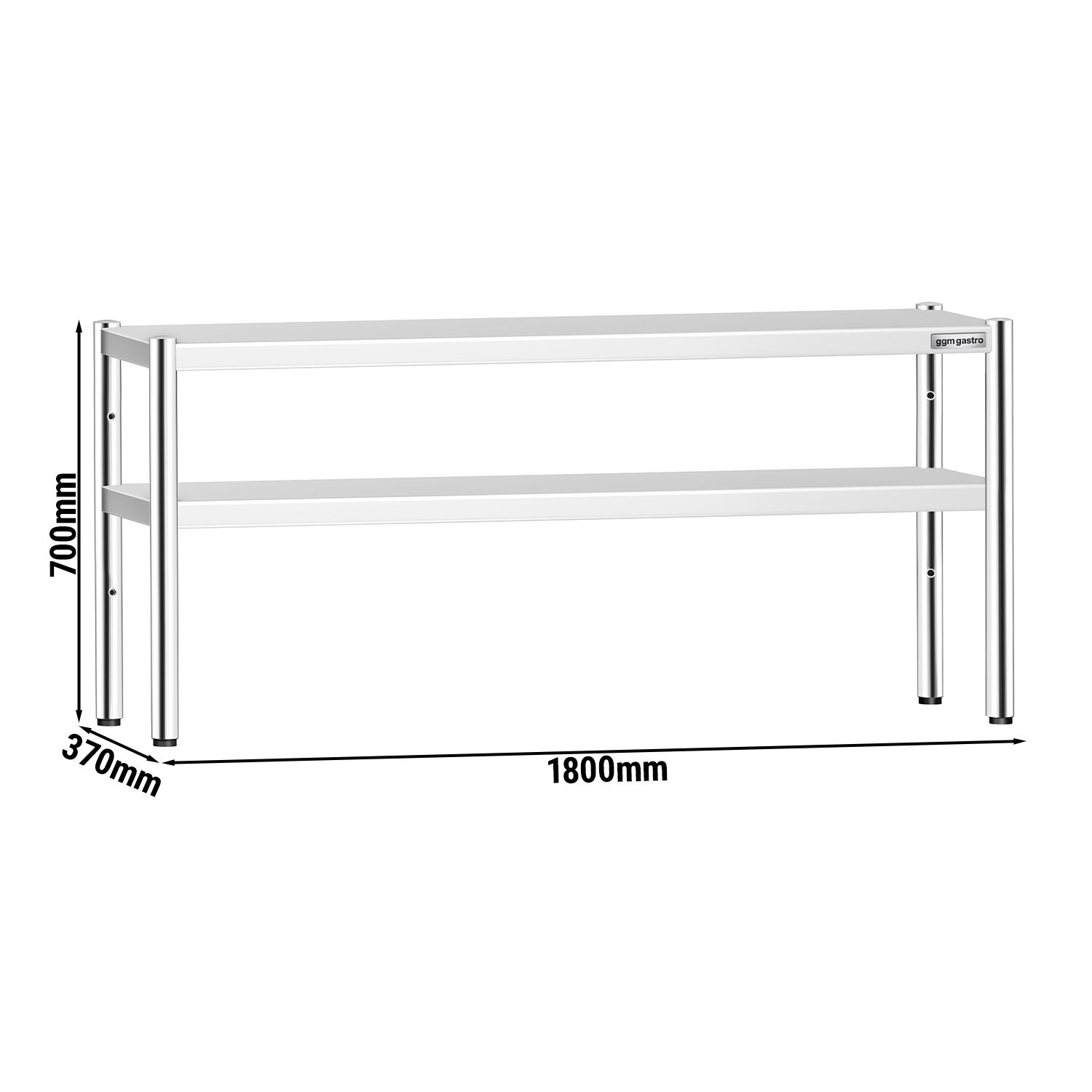 Étagère supérieure en inox – 2 niveaux – 1800 × 370 mm – hauteur réglable