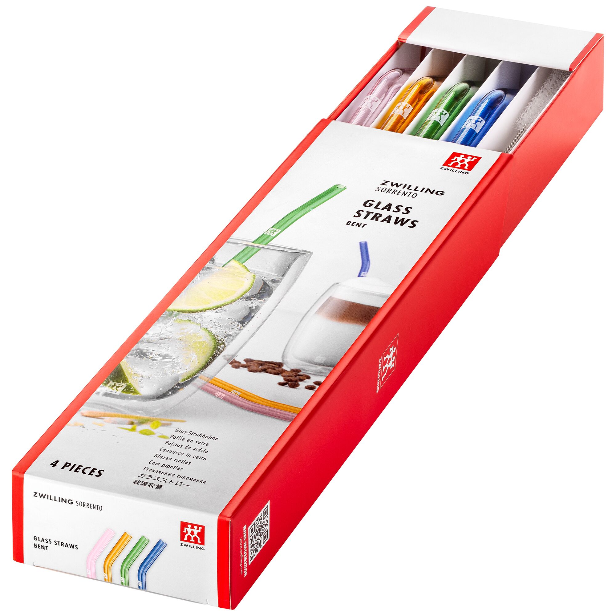 ZWILLING | Sorrento Coloured Glass Straw Set – 4x straws + brush - borosilicate - hot & cold
