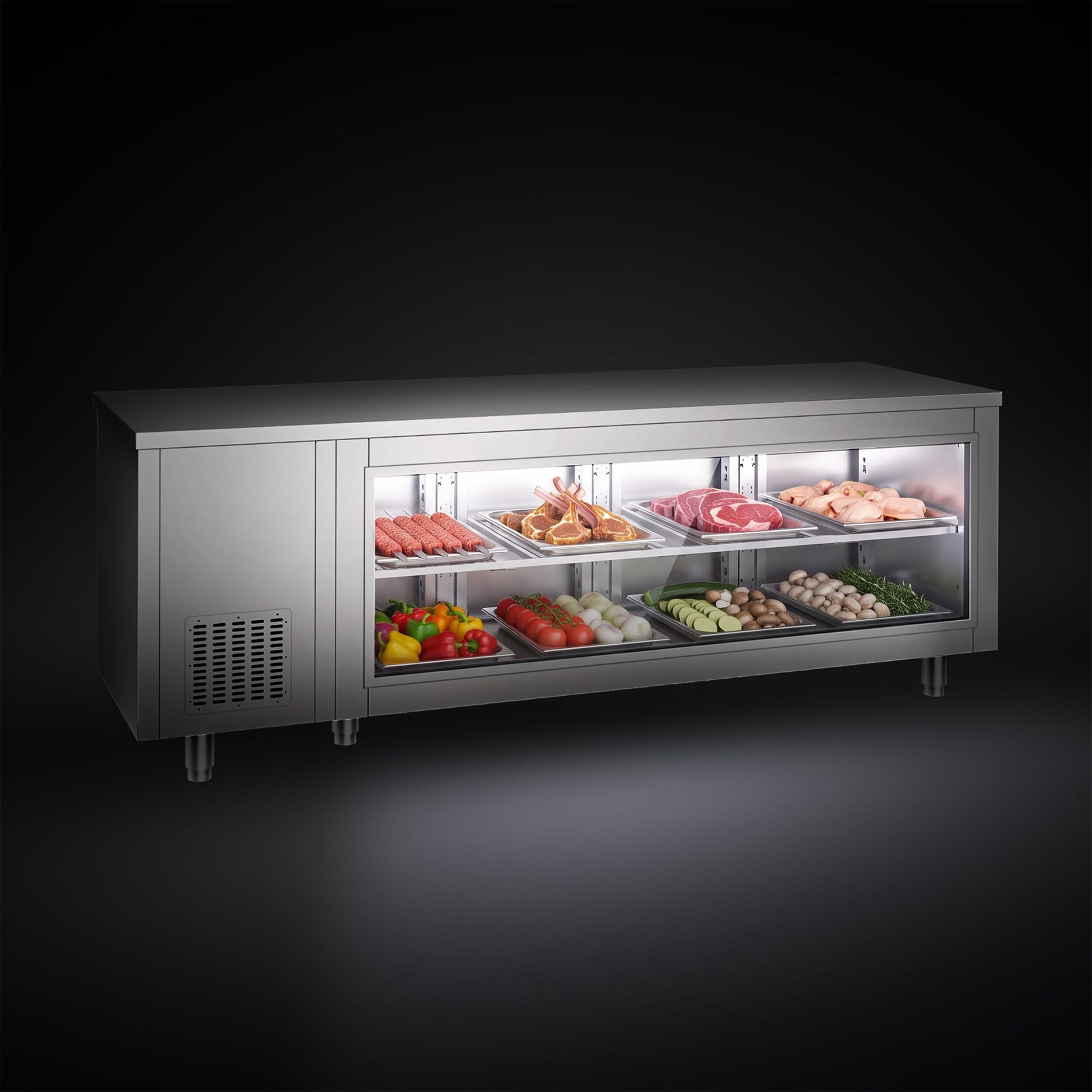 Commercial Counter Fridge - 2330x700mm - with 4 doors - glass front - capacity 632 litres