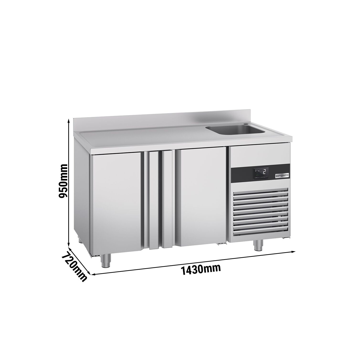 Table réfrigérée PREMIUM - 1430 x 700 mm - avec 2 portes, 1 bac à droite - dosseret