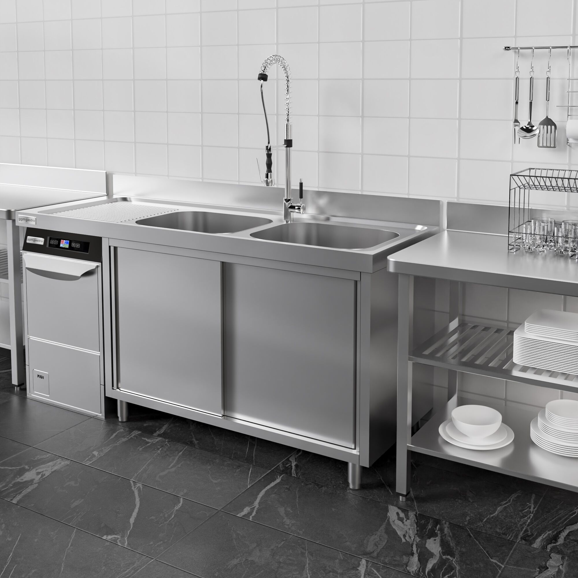 Diskbänk med underskåp - 1600x700 mm - med 2 hoar höger