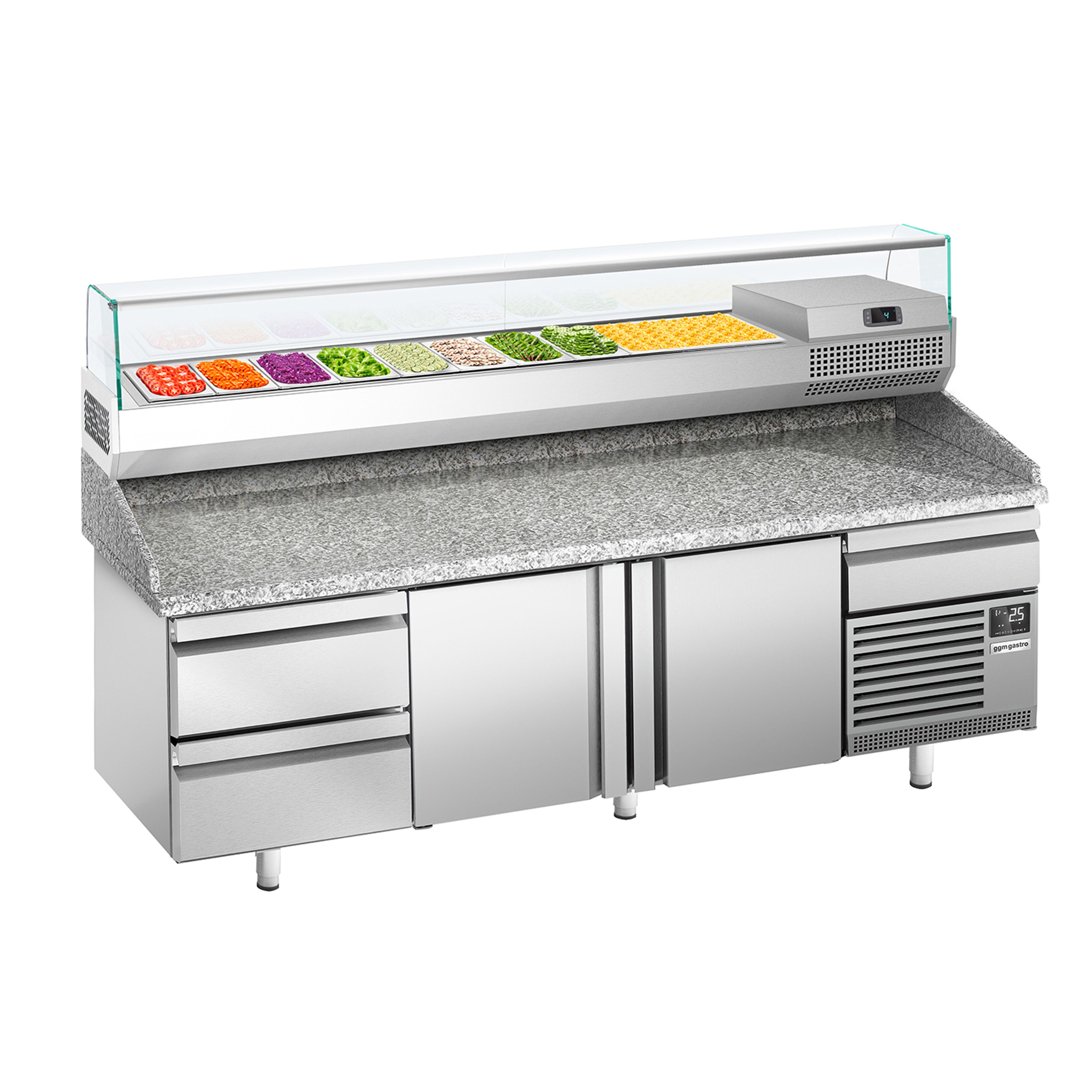 Table réfrigérée à pizza Premium PLUS - 2305 x 800 mm - avec 2 portes & 3 tiroirs - incl. vitrine réfrigérée de présentation - 10x GN 1/3