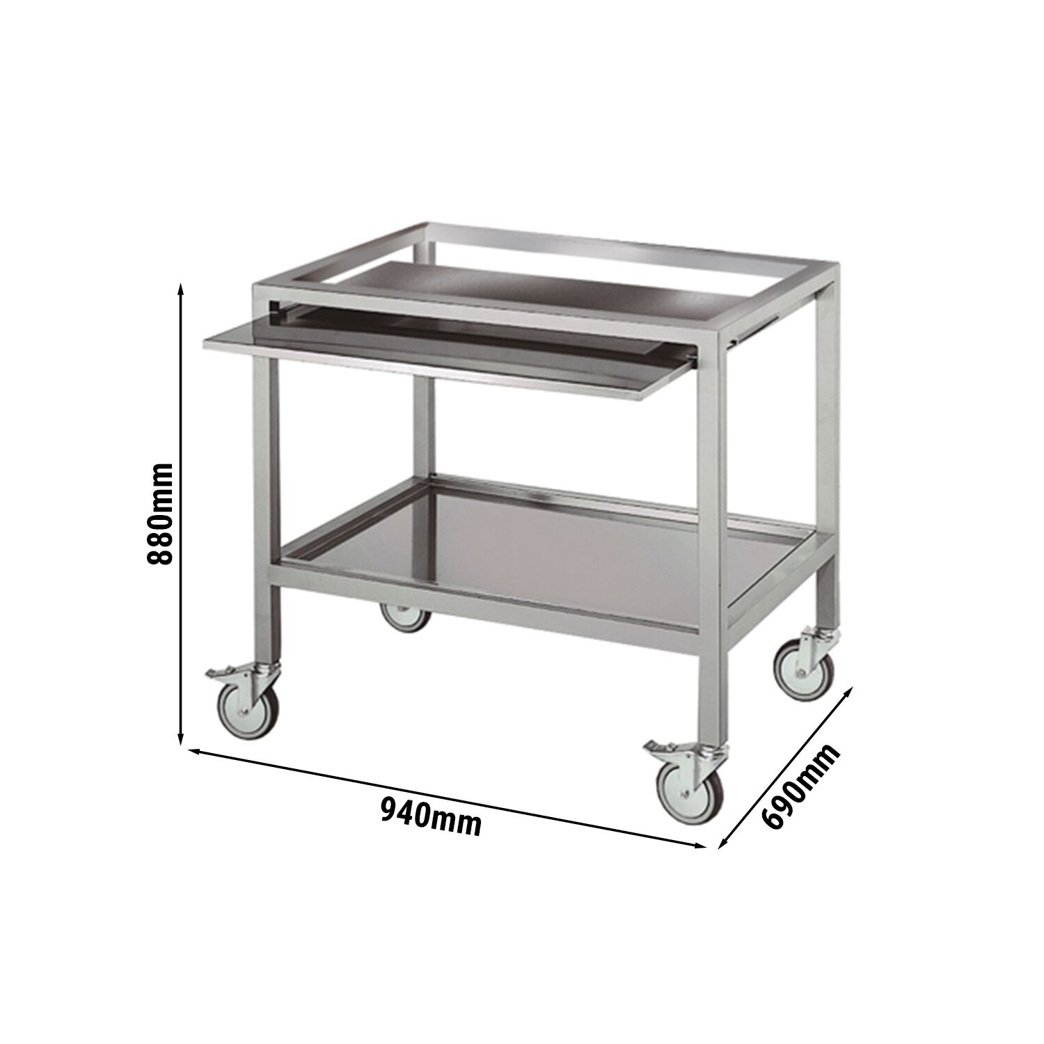 Support - 940x690x880mm - Inox - avec roulettes (4 dont 2 avec freins), surface de travail extensible - pour série EM420 - Série EM420 - Norme CE