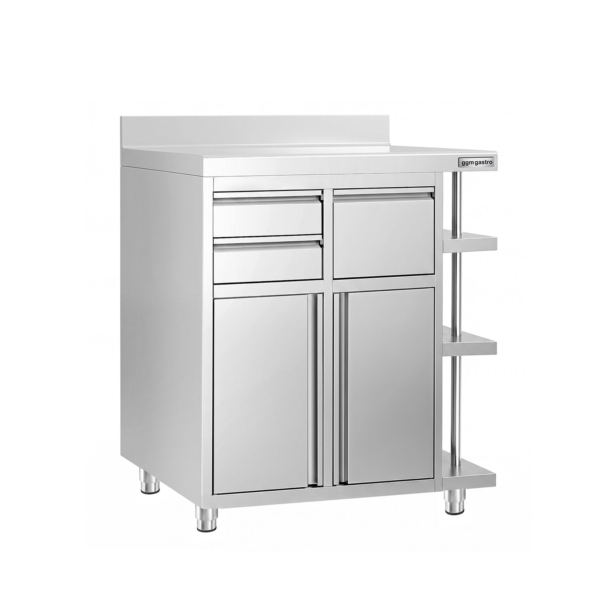 Arbetsskåp – för kaffebryggare – 1000 x 600 mm – med 2 pendeldörrar, 2 lådor, avklappningsanordning, 3 hyllor och upphöjd kant