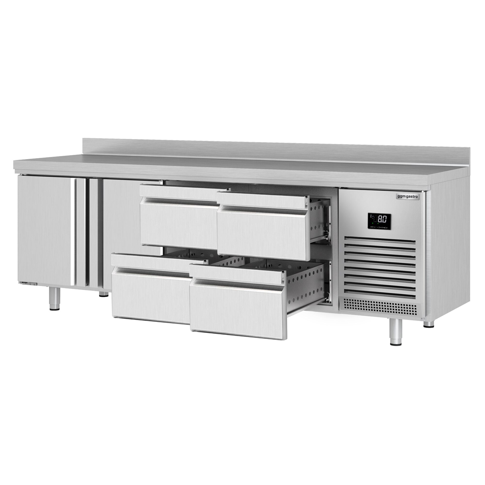 Table réfrigérée Premium PLUS - 2452 x 700 mm - avec 2 portes - 4 tiroirs - avec dosseret