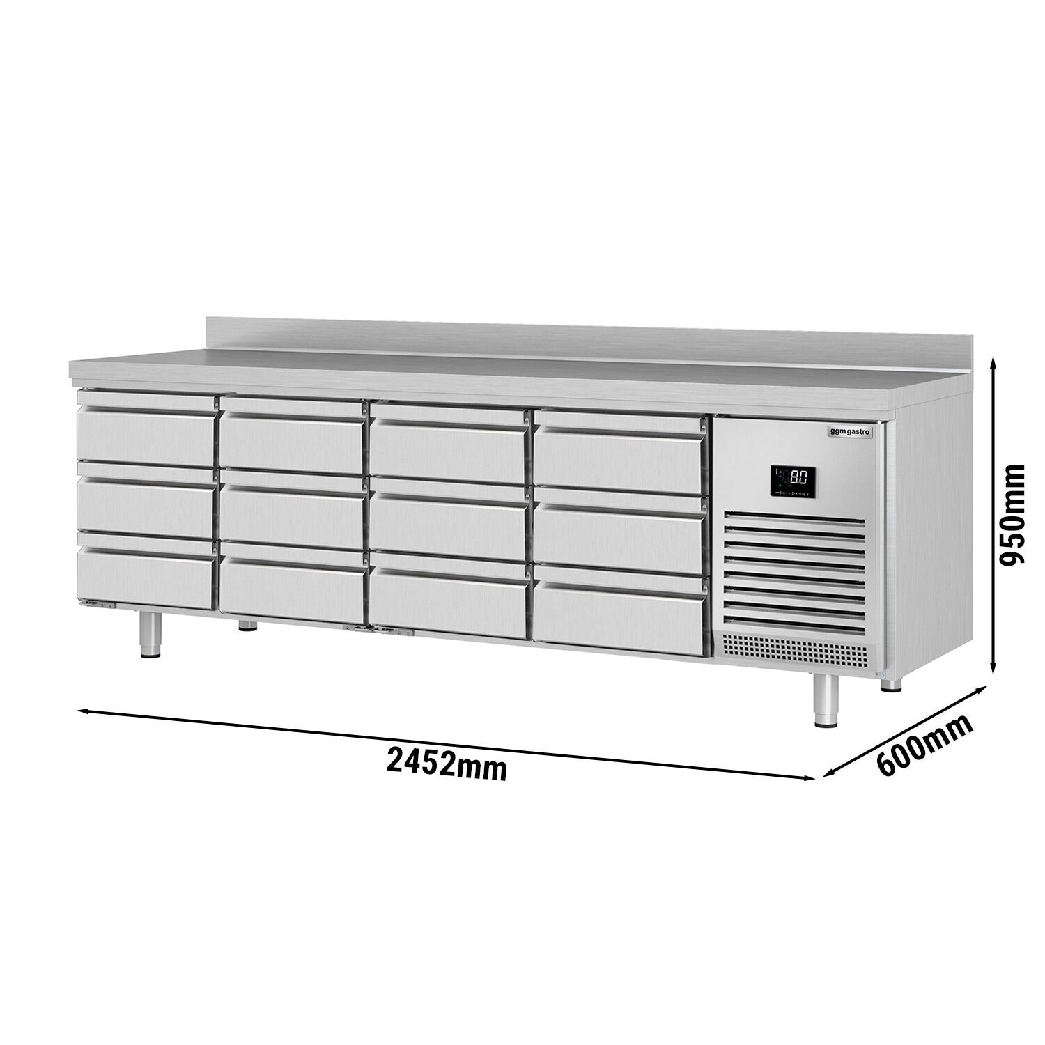 Table réfrigérée Premium PLUS - 2452 x 600 mm - avec 12 tiroirs 1/3 - avec dosseret