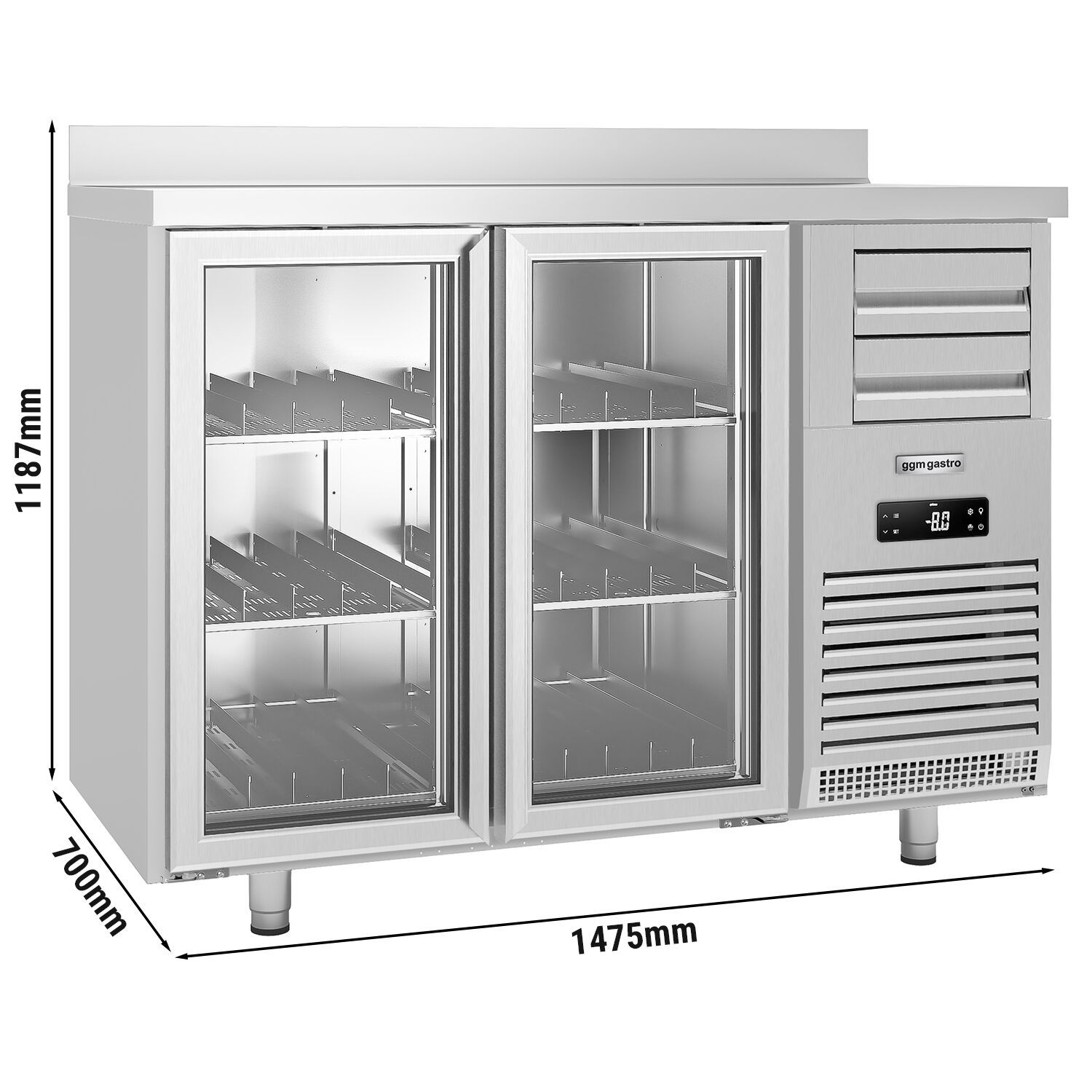 Arrière-bar réfrigéré professionnel Premium PLUS - SUPERCOOLER - 1475x700 mm - avec 2 portes vitrées & dosseret - inox