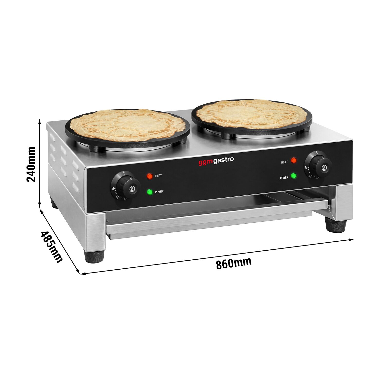 Crêpière professionnelle - Thermostat réglable - Double - Ø 400mm incl. râteau à crêpes