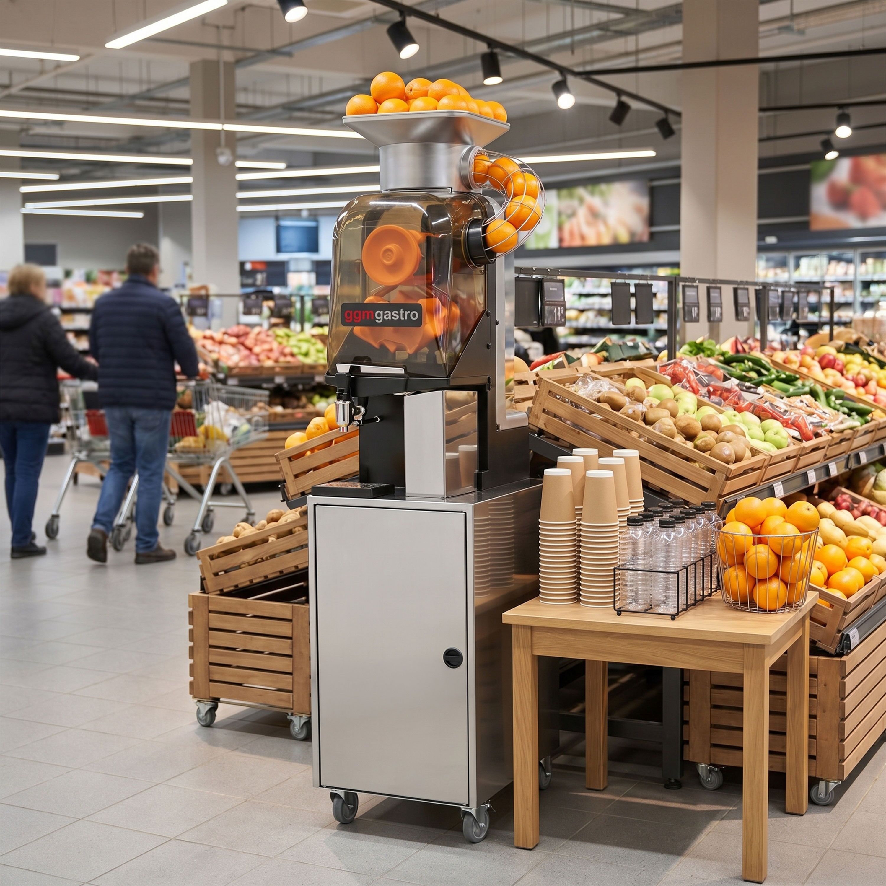 Elektrische Orangenpresse - mit Zapfhahn, Reinigungsmodus & Untergestell - Silber