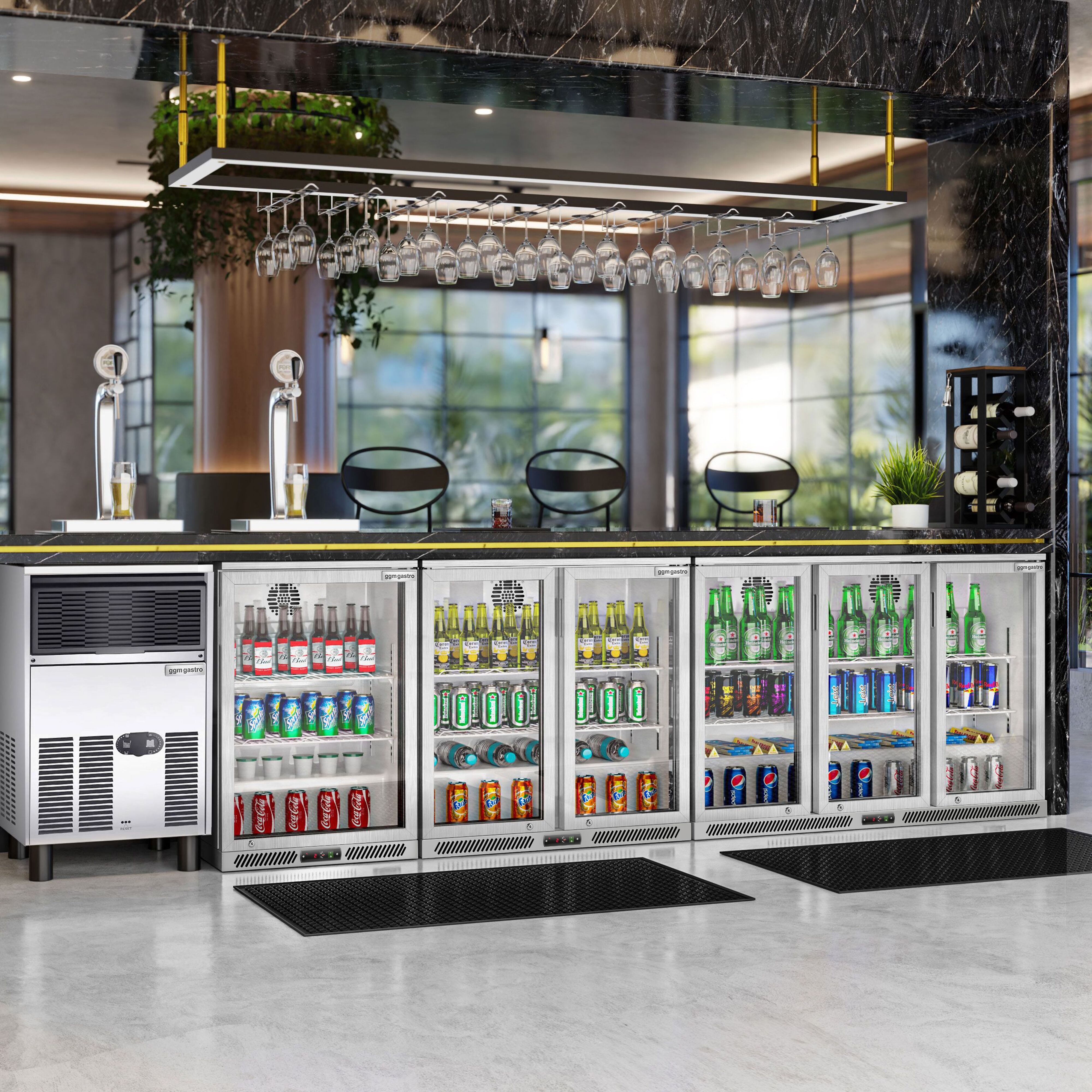 Réfrigérateur de bar – 1350 mm – 320 litres – avec 3 portes vitrées battantes – en inox