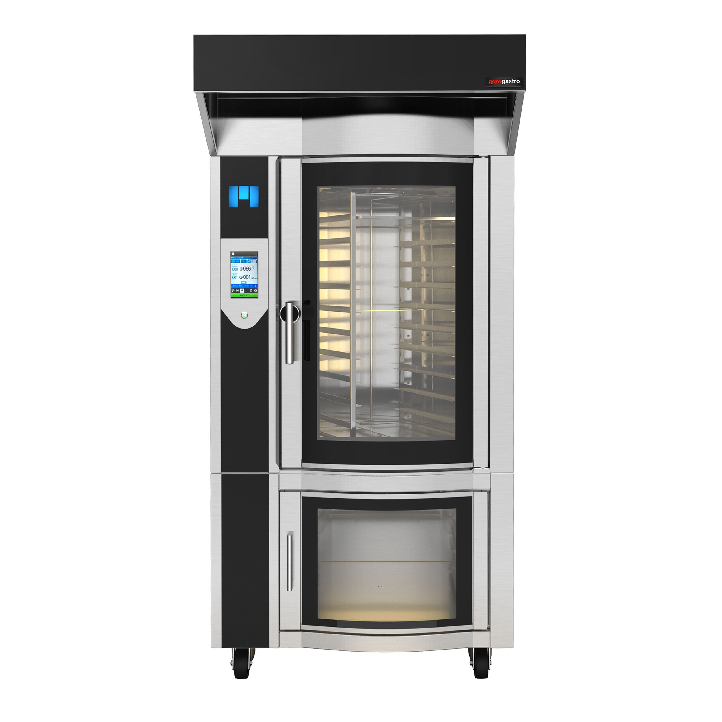 Four à chariot rotatif Électrique Four à convection avec injection d’eau - Écran tactile - 10 niveaux 600x400mm - Acier inoxydable - avec hotte & armoire de fermentation