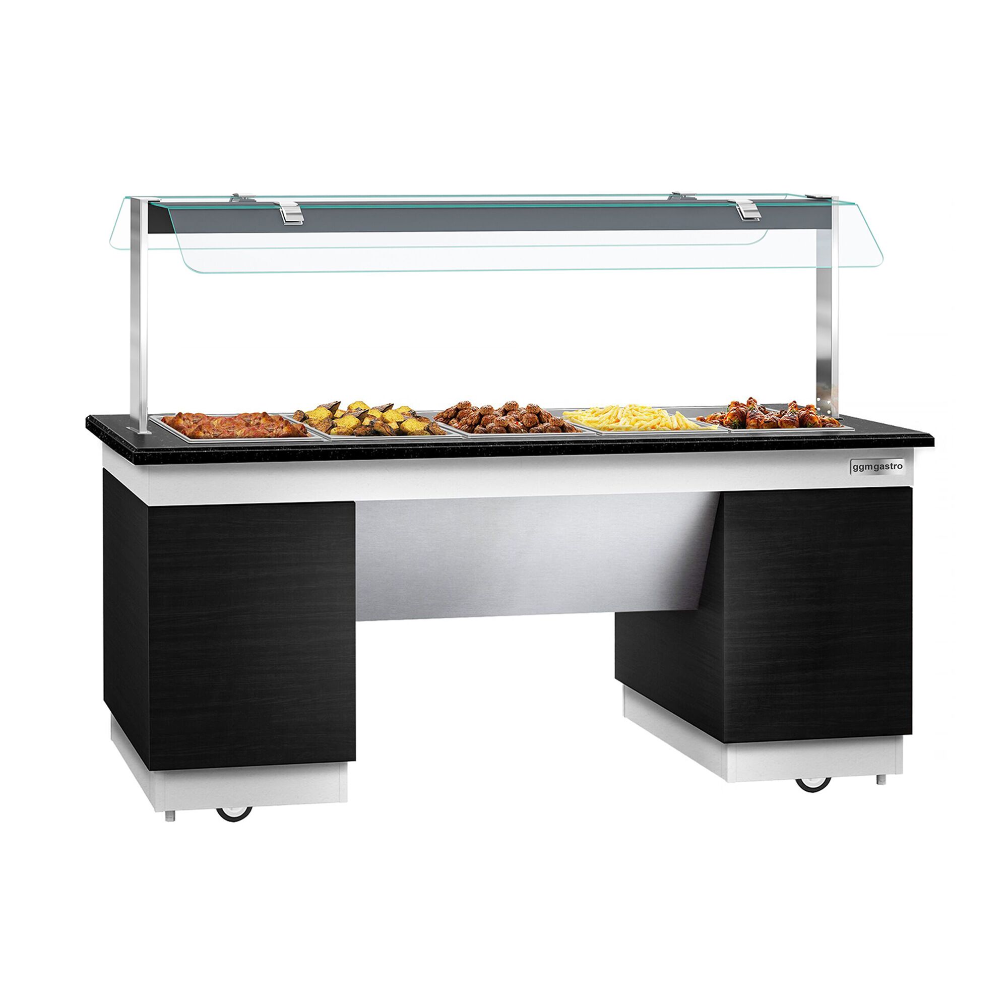Buffet chaud DUBLIN - 2000mm - avec bain-marie - sur roulettes - pour 5x GN 1/1 - Noir