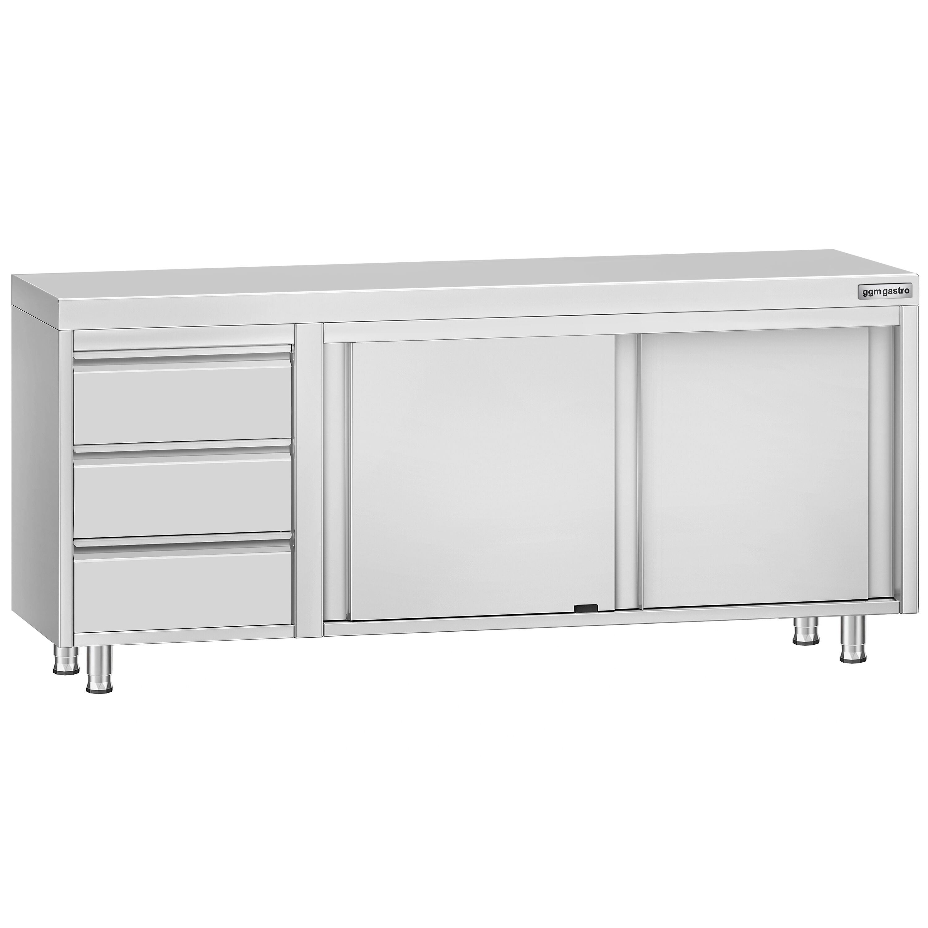 Table armoire en acier inoxydable ECO - 2000x700mm - avec 3 tiroirs à gauche et portes coulissantes