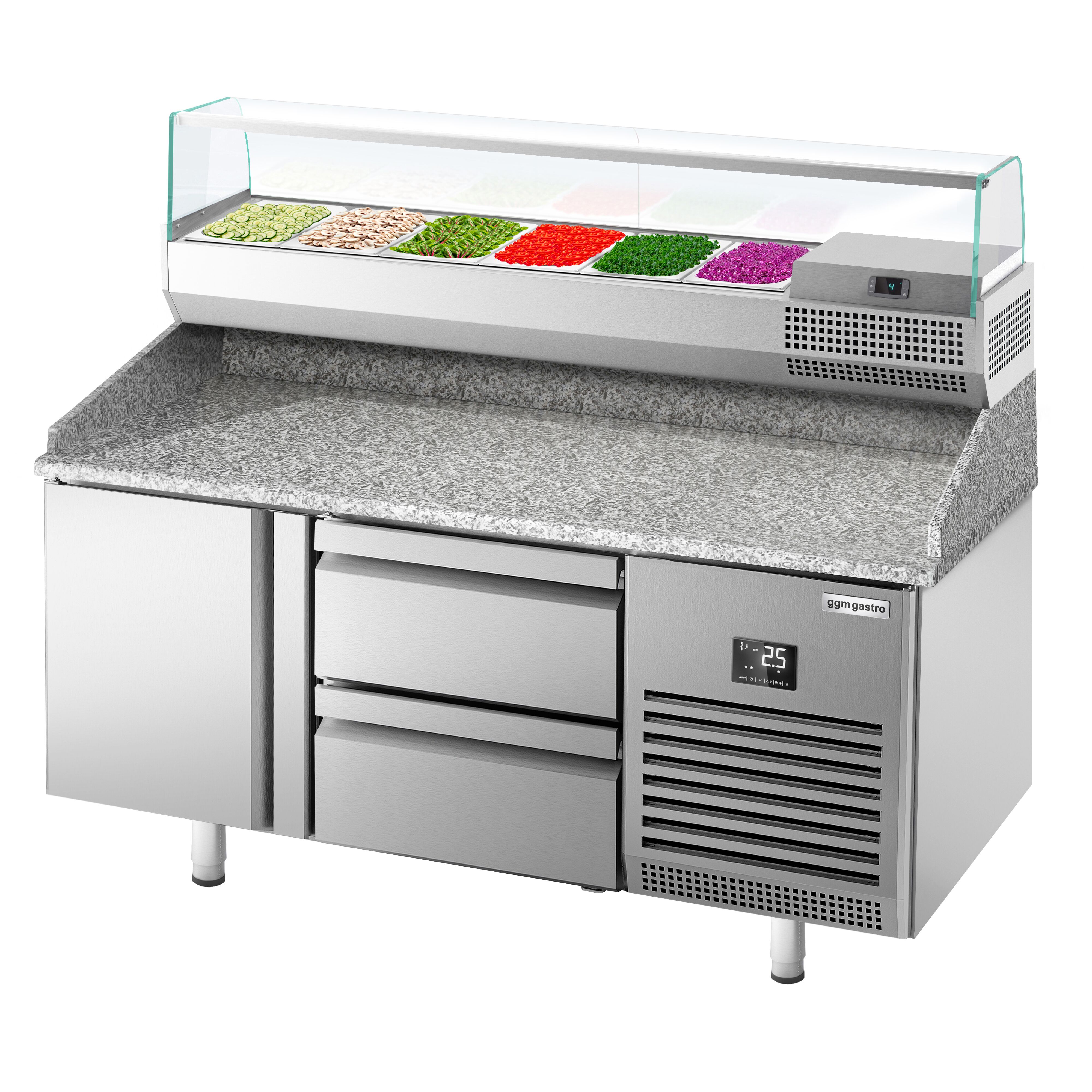 Table réfrigérée à pizza Premium PLUS - 1490x700 mm - avec 1 porte & 2 tiroirs - incl. vitrine réfrigérée - 6x GN 1/4