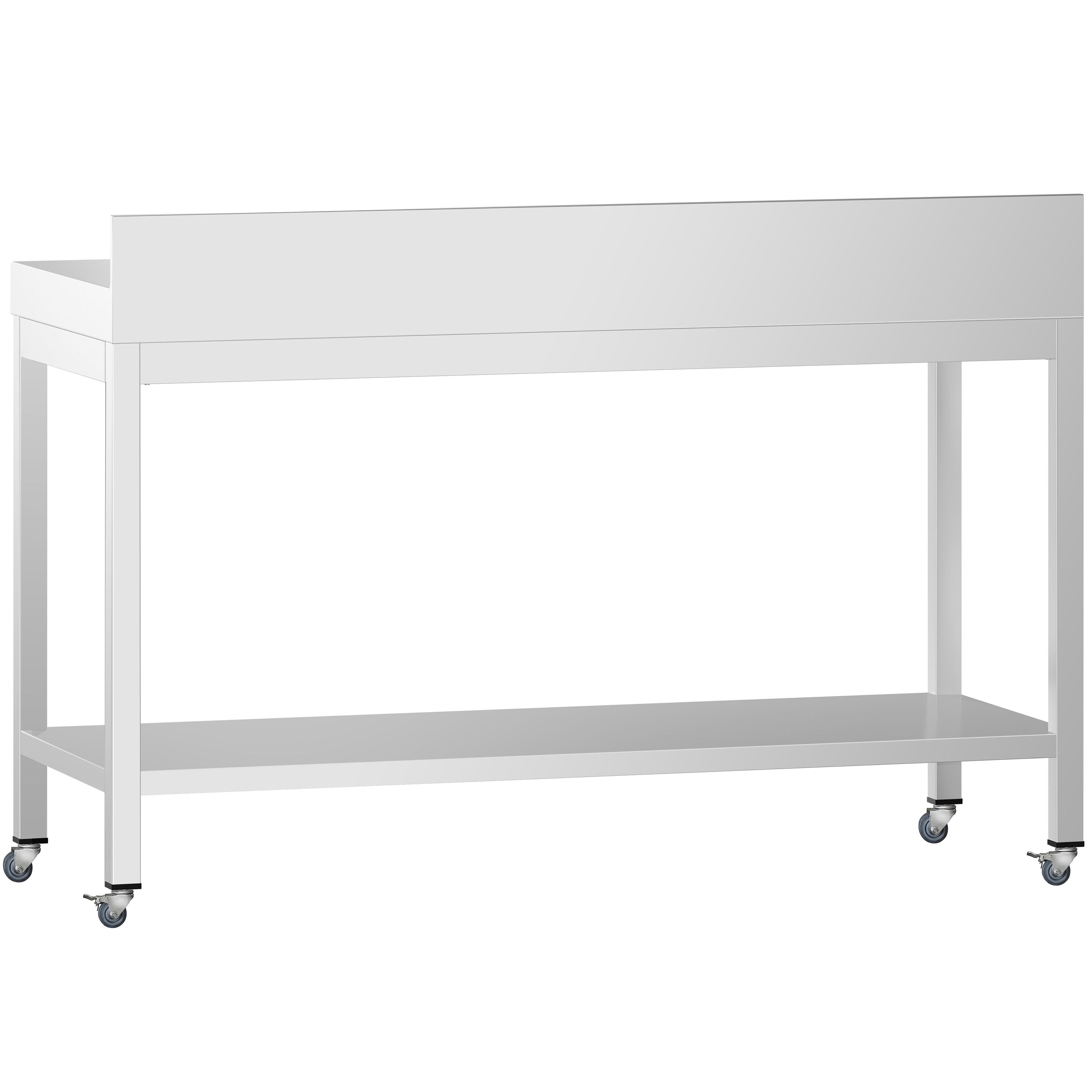 Table de travail en inox PREMIUM - 1400 x 600 mm - avec tablette inférieure, dosseret et roulettes