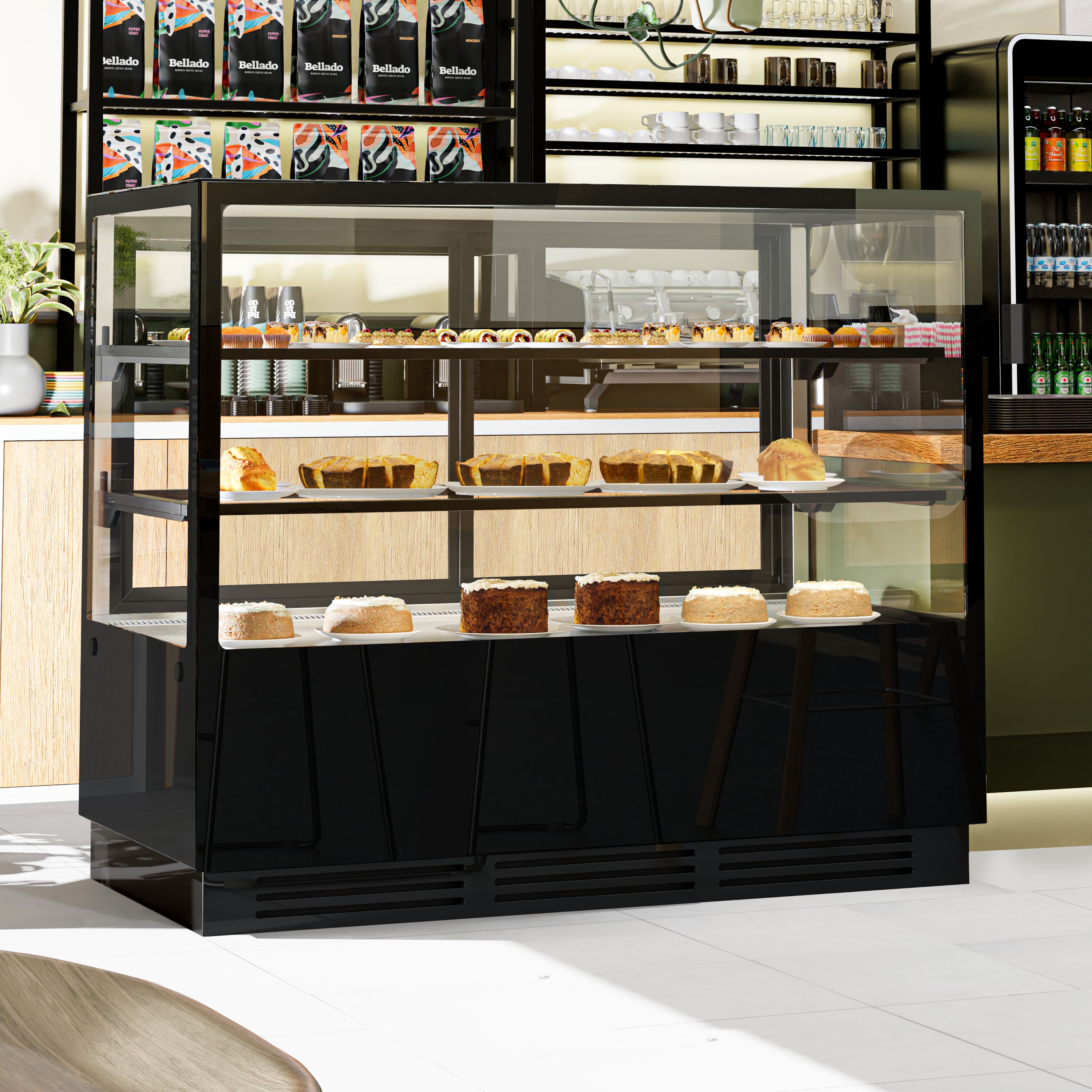 Vitrine à pâtisserie réfrigérée - 580L - 1500mm - Double vitrage - avec 2 étagères en verre - portes coulissantes vitrées arrière - Noir