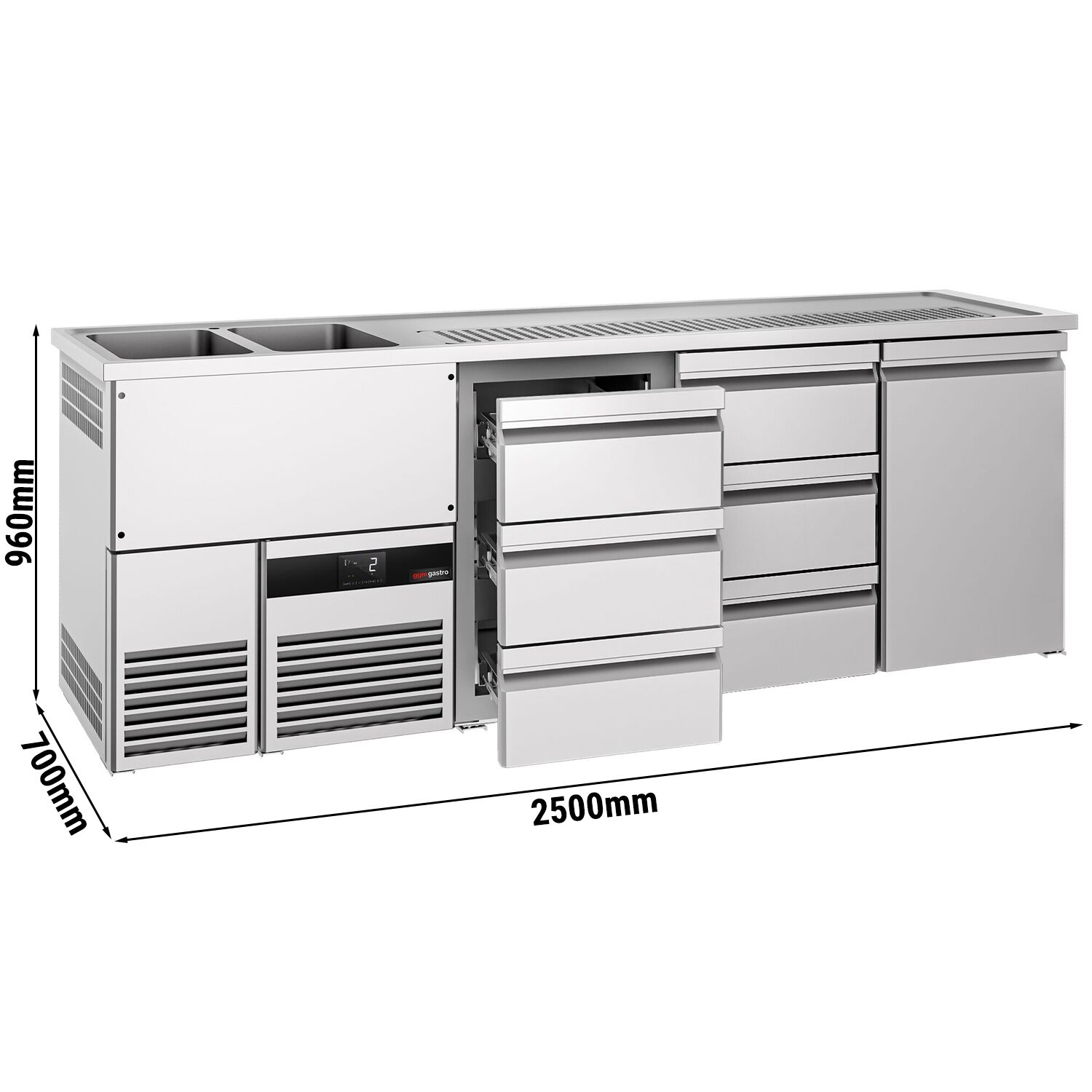Comptoir de bar réfrigéré PREMIUM - 2500x700mm - 1 porte & 6 tiroirs