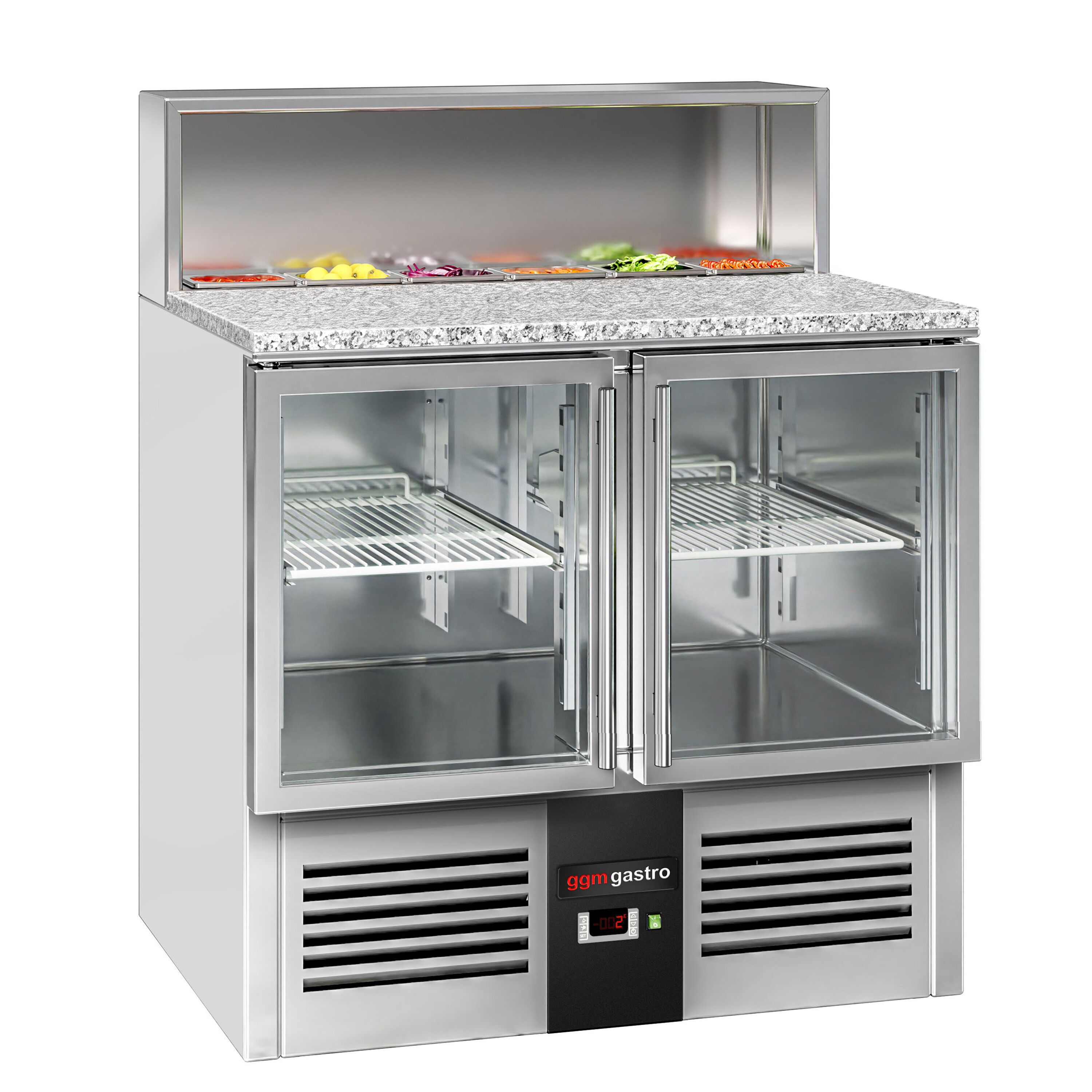 Saladette réfrigérée PREMIUM - 903mm - 240L - 2 portes vitrées - avec ensemble inox (dessus GN) pour 5x GN 1/6 & Couvercle inox - plan de travail en granit noir