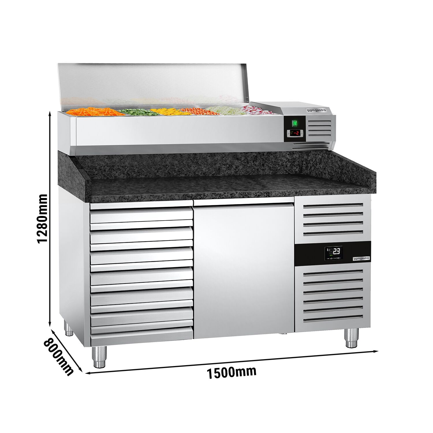 Table réfrigérée à pizza PREMIUM - 1500 x 800 mm - avec 1 porte et 7 tiroirs - incl. vitrine réfrigérée - 7 x GN 1/4