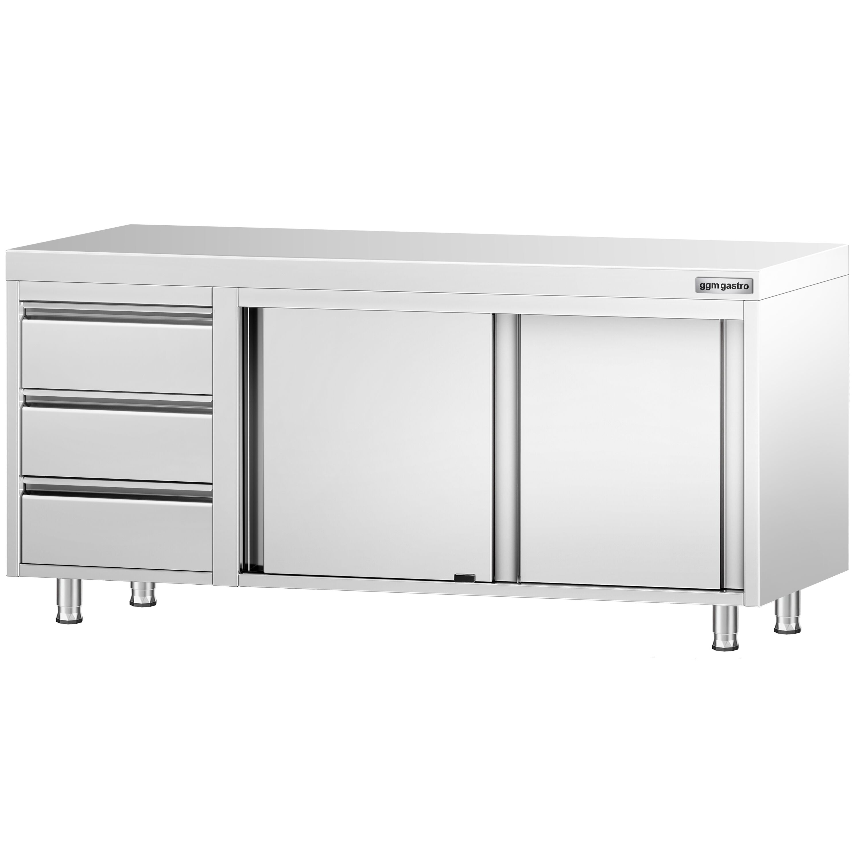 Table armoire en acier inoxydable PREMIUM - 1800x600mm - avec portes coulissantes et 3 tiroirs à gauche