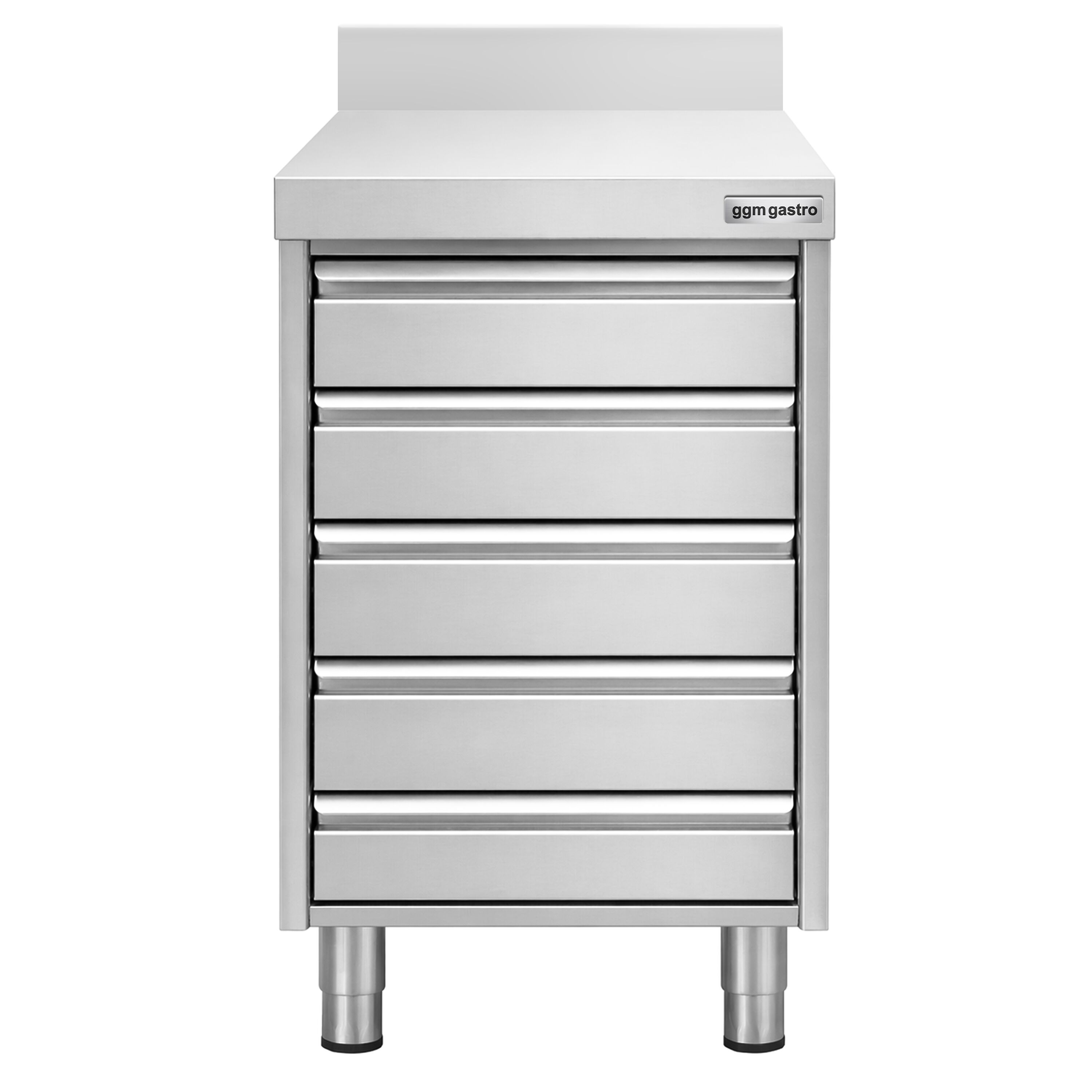Meuble bas à tiroirs - Acier inoxydable - avec 5 tiroirs & dosseret 100mm - 500x700mm