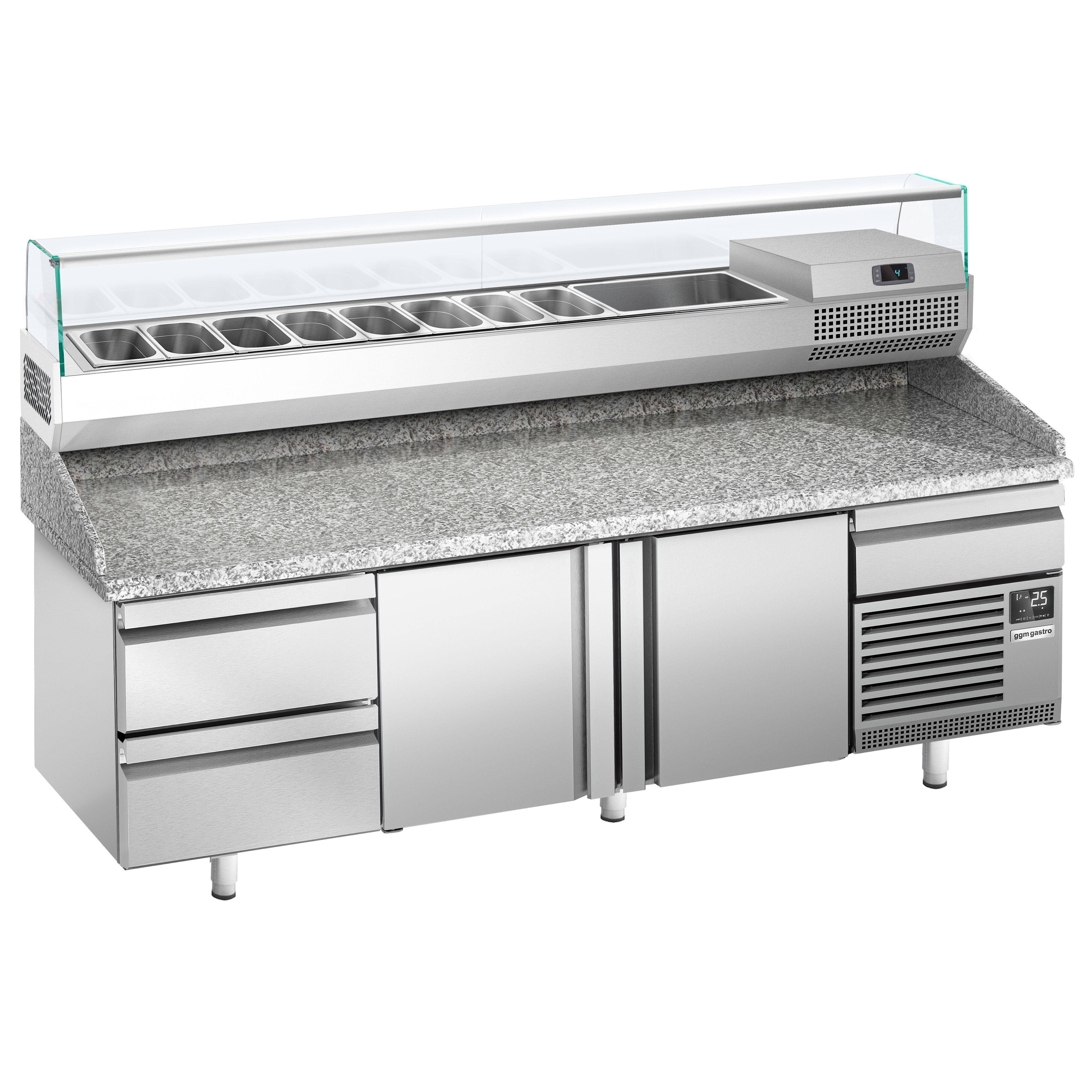 Table réfrigérée à pizza Premium PLUS - 2305 x 800 mm - avec 2 portes & 3 tiroirs - incl. vitrine réfrigérée de présentation - 10x GN 1/3