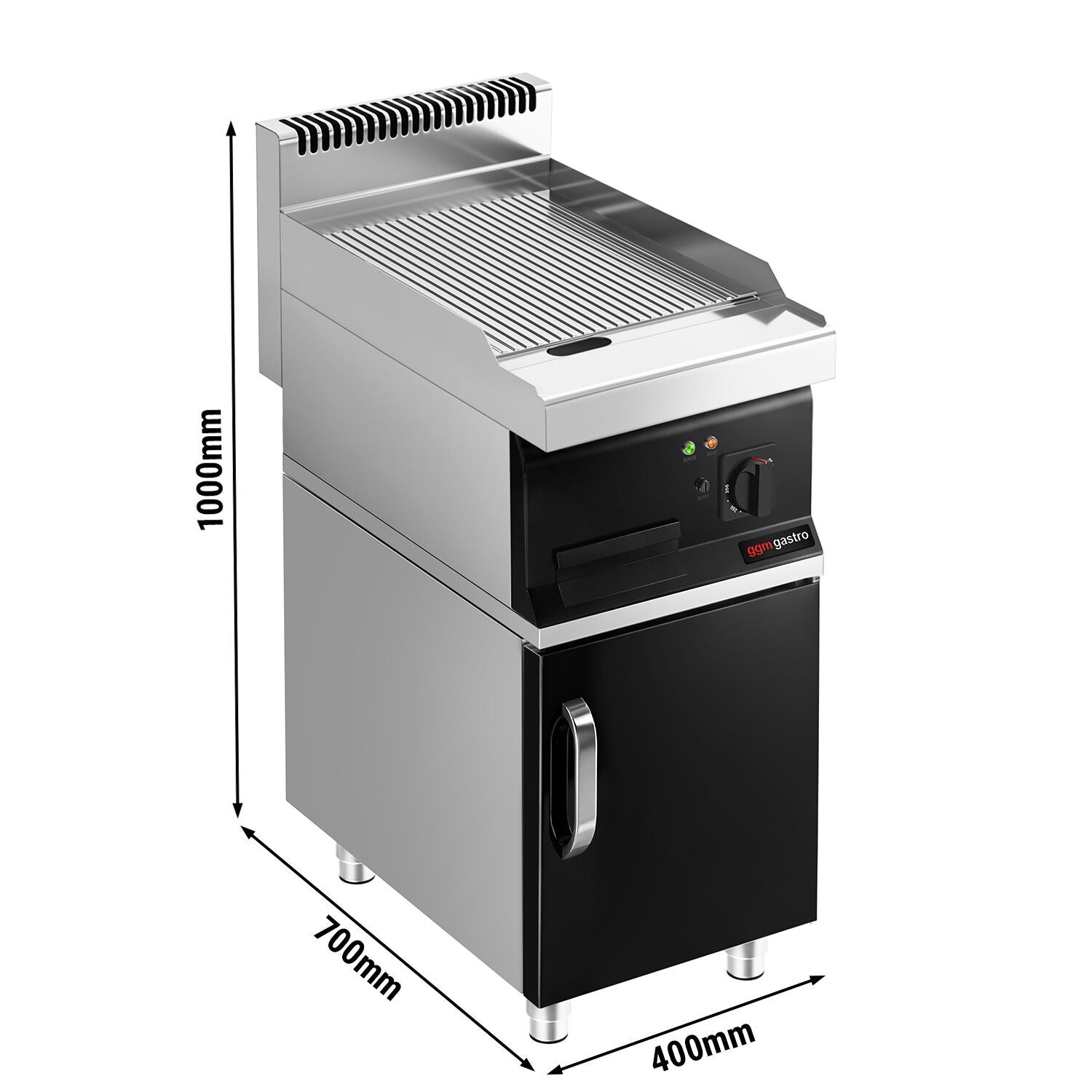 Plancha électrique - plaque acier - 8,0 kW - Rainurée - Surface de cuisson : 395x535mm - incl. soubassement avec 1 porte