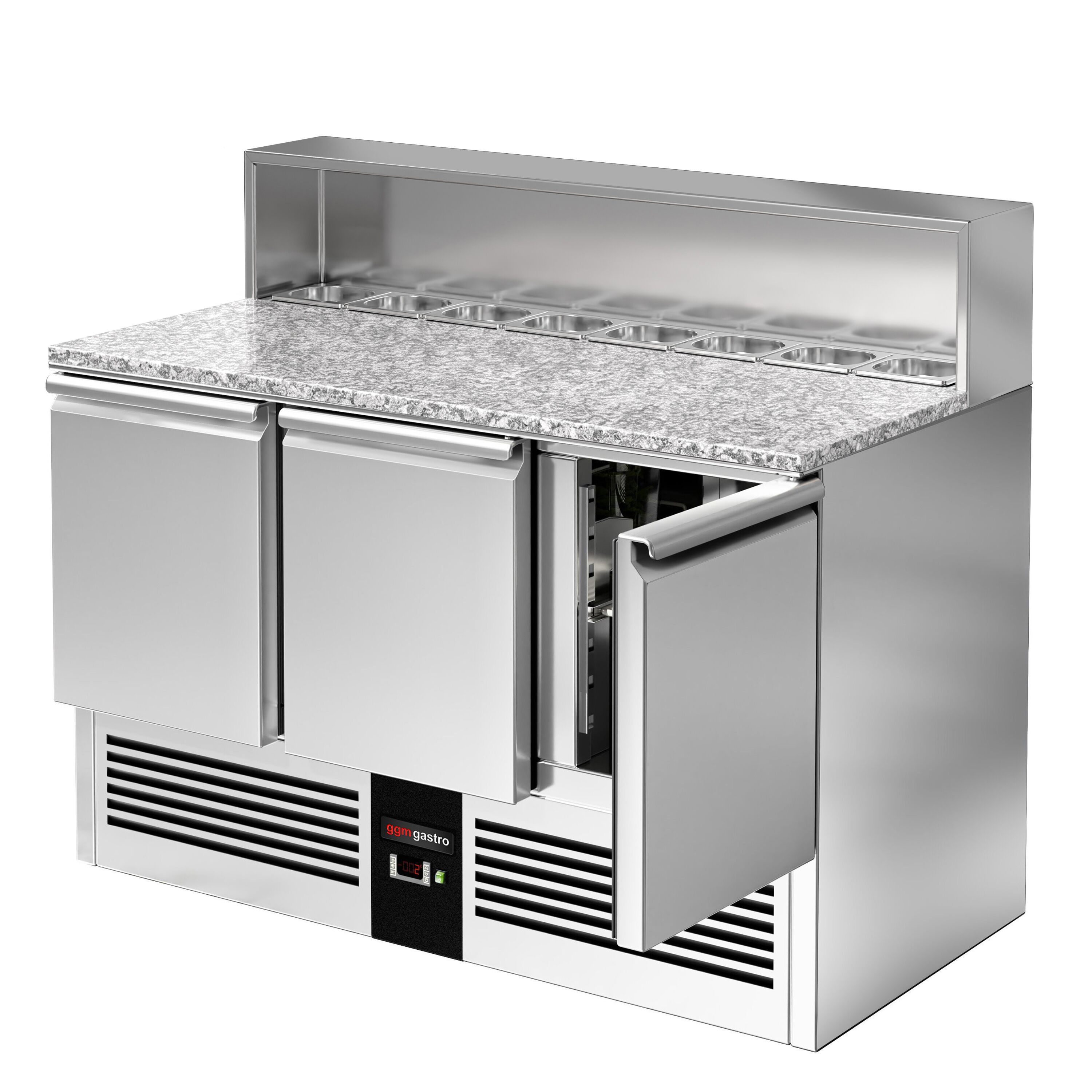 Saladette réfrigérée PREMIUM - 1368mm - 402L - 3 portes - ensemble inox (dessus GN) pour 8x GN 1/6 & Couvercle inox - plan de travail en granit noir