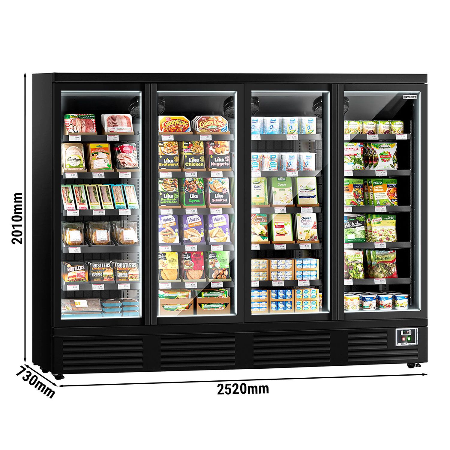 Väggkyl - 2520 mm - 1900 l - från +2 till +8 °C - med 4 dubbelglasade glasdörrar & 5 hyllor - svart