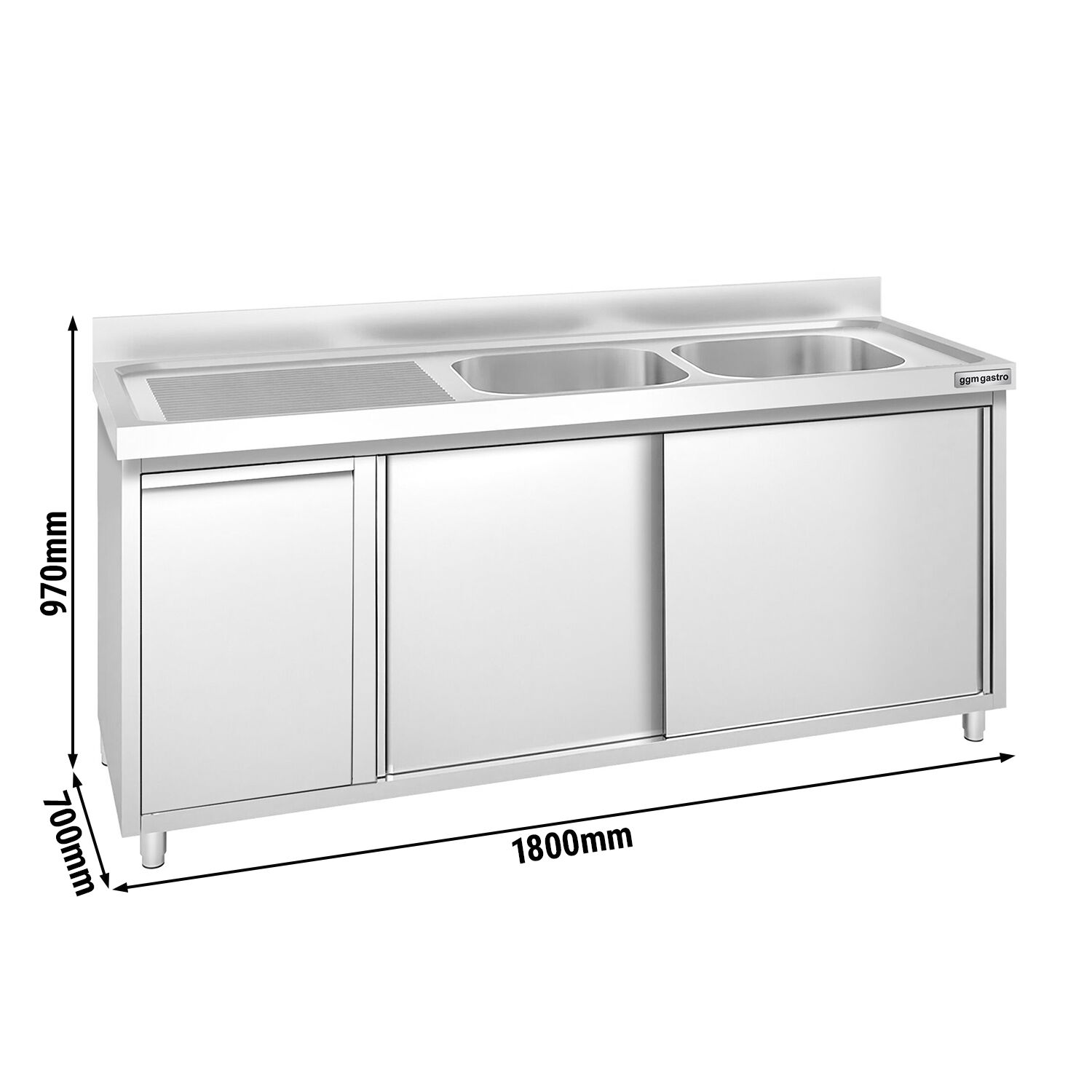 Meuble plonge PREMIUM - 1800x700mm - avec poubelle intégrée et 2 bacs